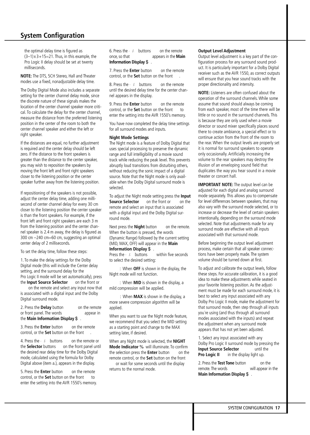 Harman-Kardon AVR1550 owner manual Night Mode Settings, Output Level Adjustment 