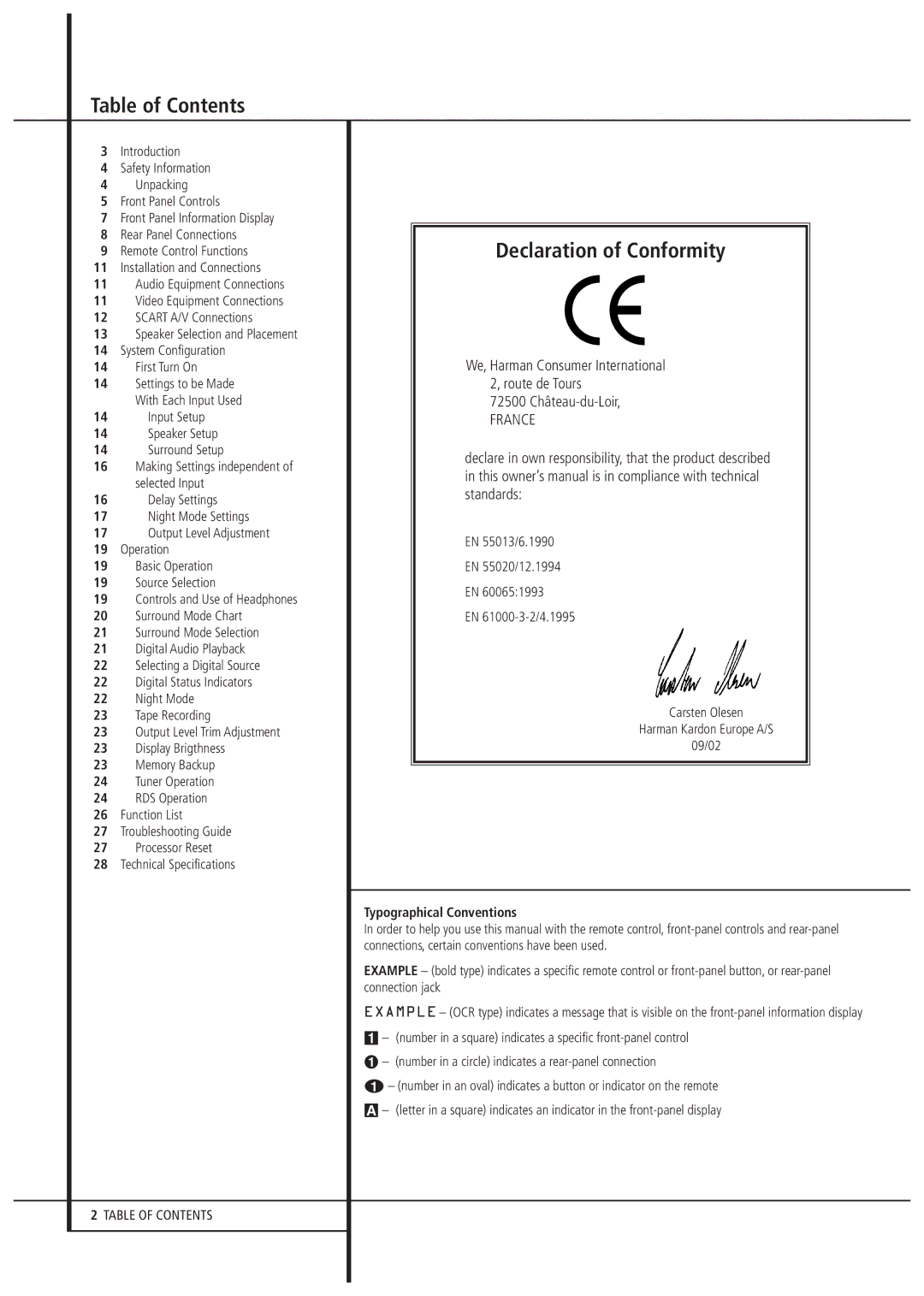 Harman-Kardon AVR1550 owner manual Table of Contents, Declaration of Conformity 