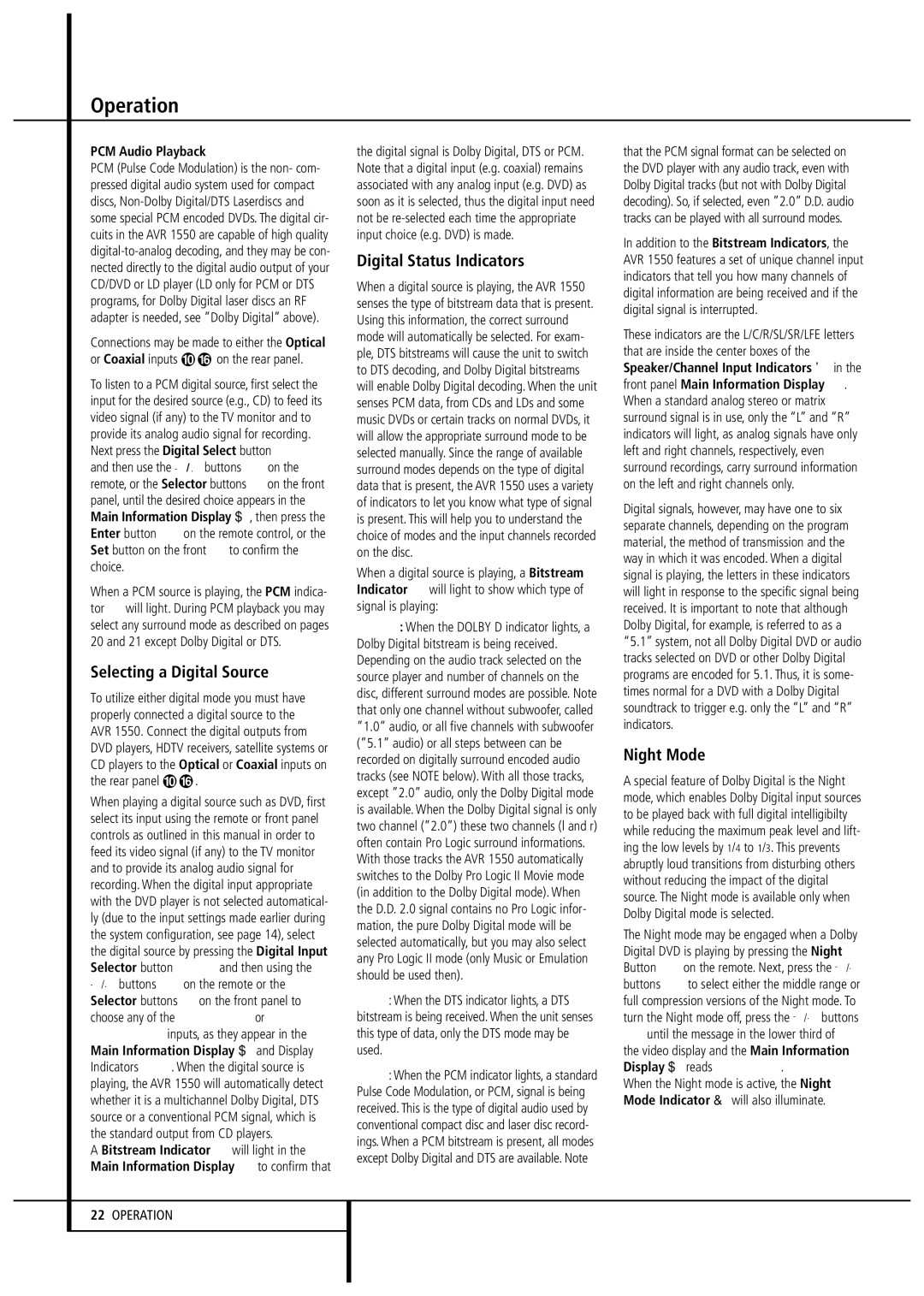 Harman-Kardon AVR1550 owner manual Selecting a Digital Source, Digital Status Indicators, Night Mode, PCM Audio Playback 