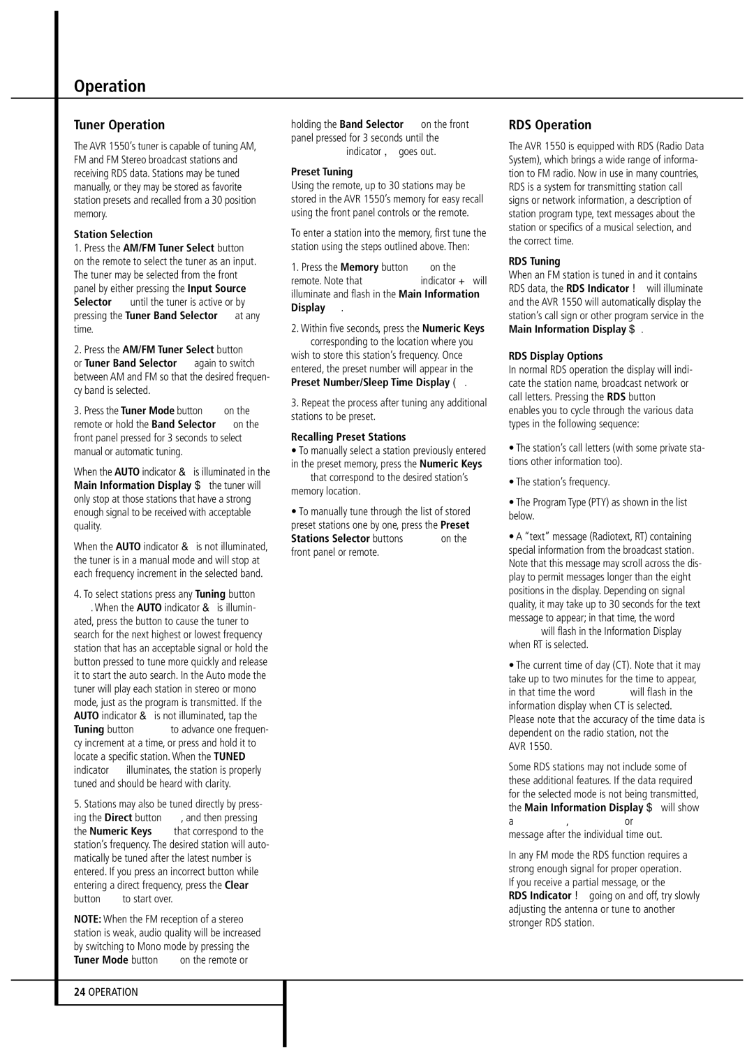 Harman-Kardon AVR1550 owner manual Tuner Operation, RDS Operation 