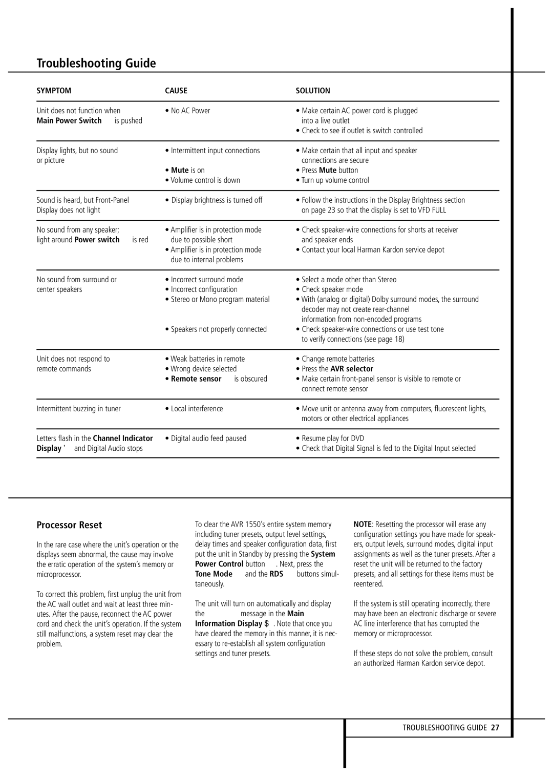 Harman-Kardon AVR1550 Troubleshooting Guide, Processor Reset, Main Power Switch 1is pushed, Press the AVR selector 