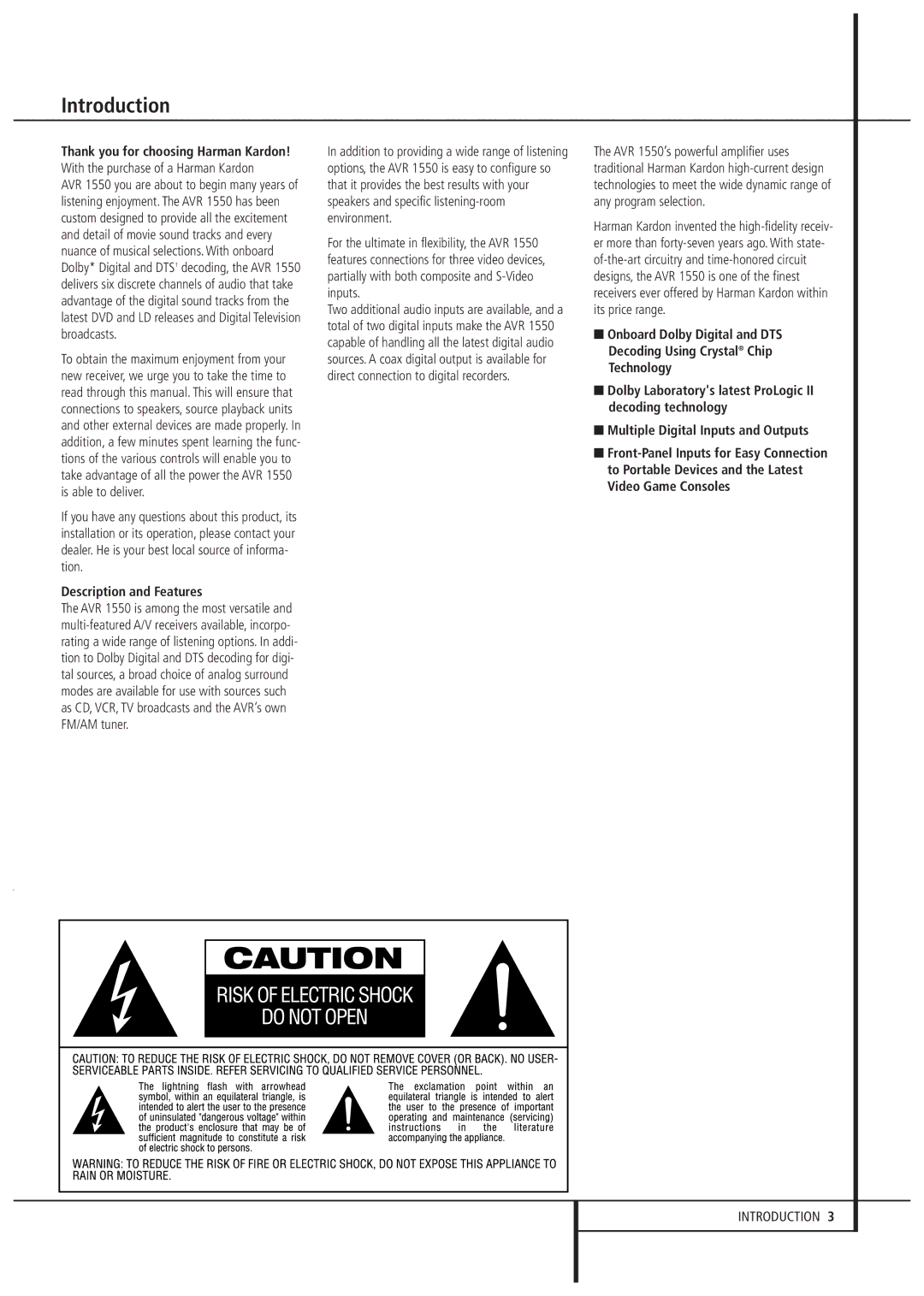 Harman-Kardon AVR1550 owner manual Introduction, Description and Features 