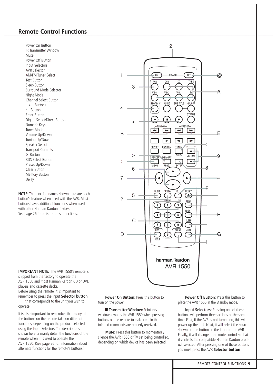 Harman-Kardon AVR1550 owner manual Remote Control Functions, Delay See page 26 for a list of these functions 