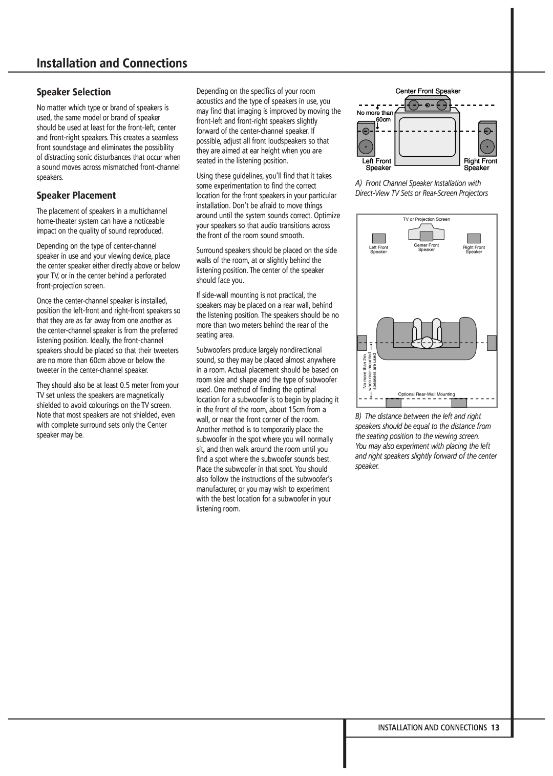 Harman-Kardon AVR1550 owner manual Speaker Selection, Speaker Placement, Installation and Connections 