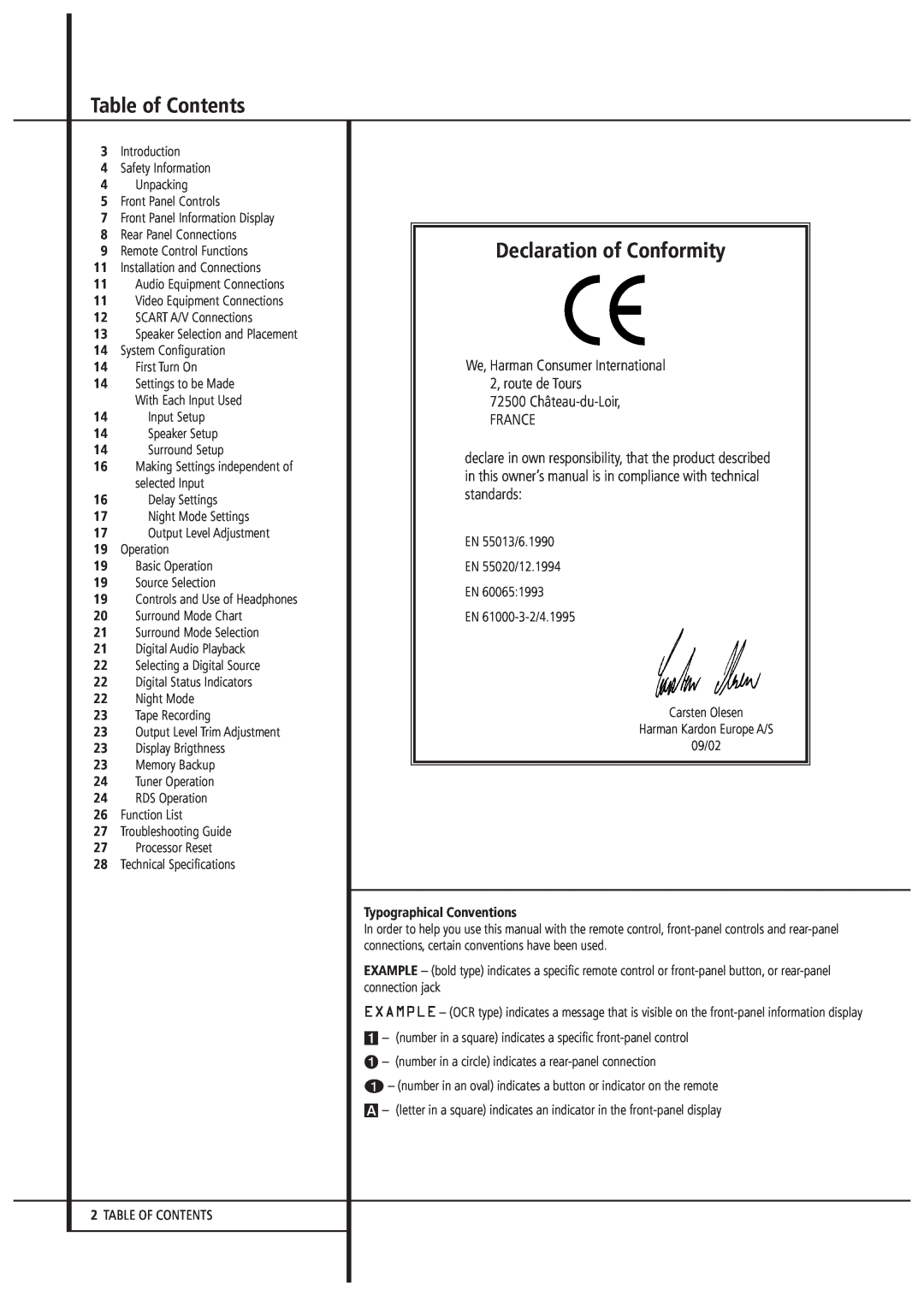 Harman-Kardon AVR1550 owner manual Table of Contents, Declaration of Conformity, We, Harman Consumer International 