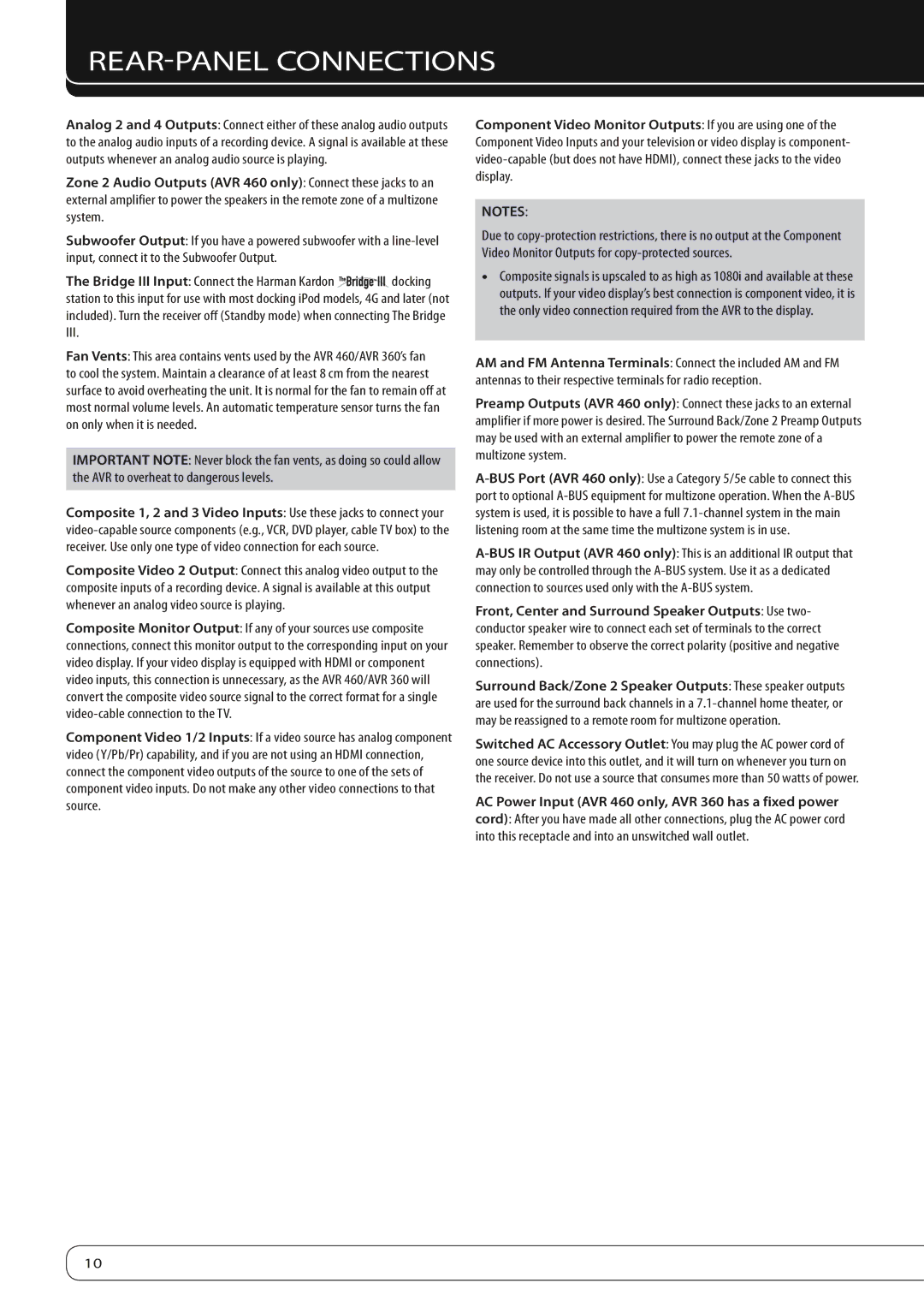 Harman-Kardon AVR360 owner manual REAR-PANEL Connections 