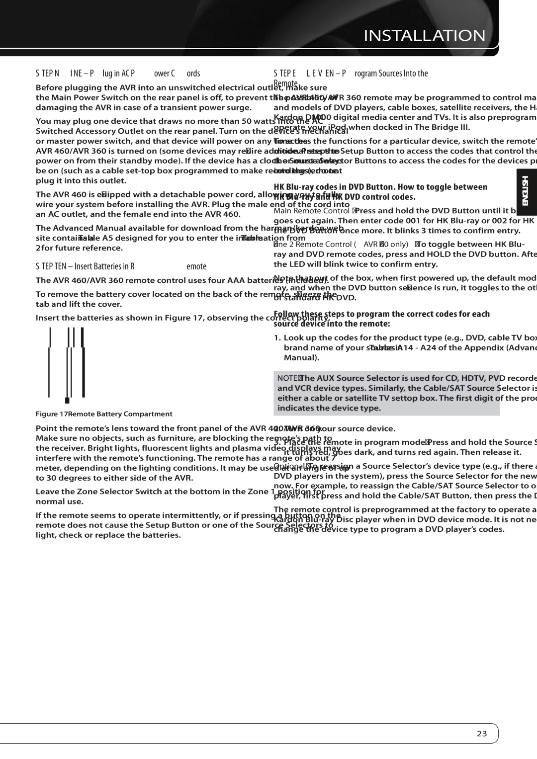 Harman-Kardon AVR360 owner manual Step Nine Plug in AC Power Cords, Step TEN Insert Batteries in Remote 