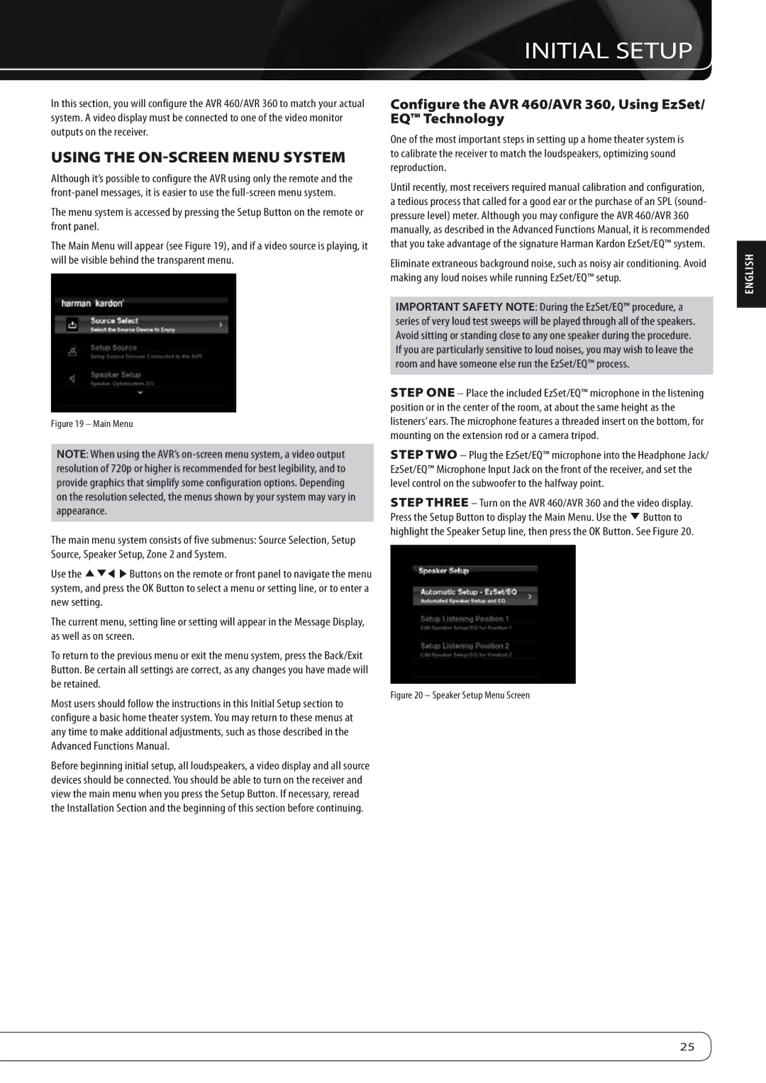 Harman-Kardon AVR360 owner manual Initial Setup, Using the On-Screen Menu System 