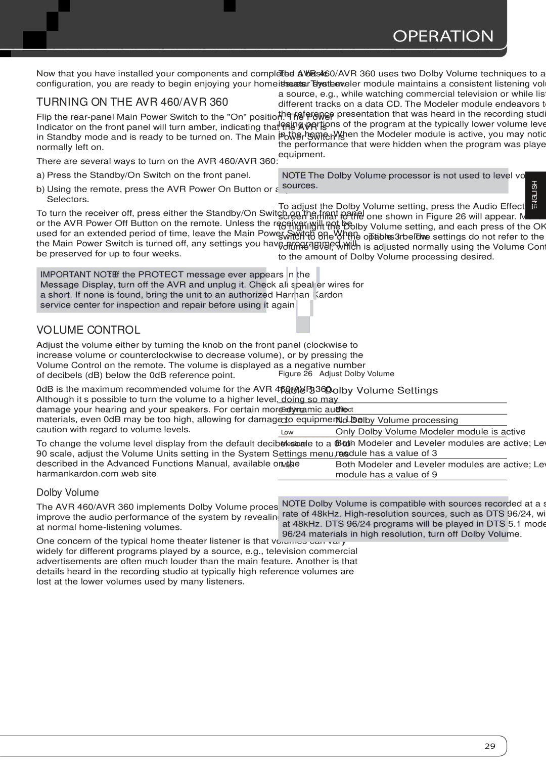 Harman-Kardon AVR360 owner manual Operation, Turning On the AVR 460/AVR, Volume Control, Dolby Volume Settings 