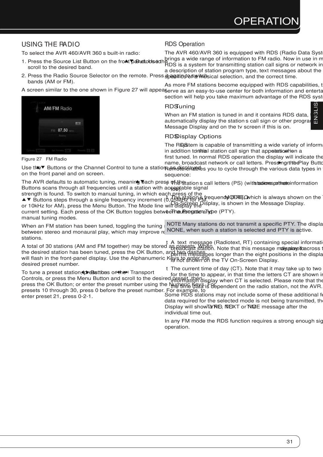 Harman-Kardon AVR360 owner manual Using the Radio, RDS Operation, RDS Tuning, RDS Display Options, Program Type PTY 