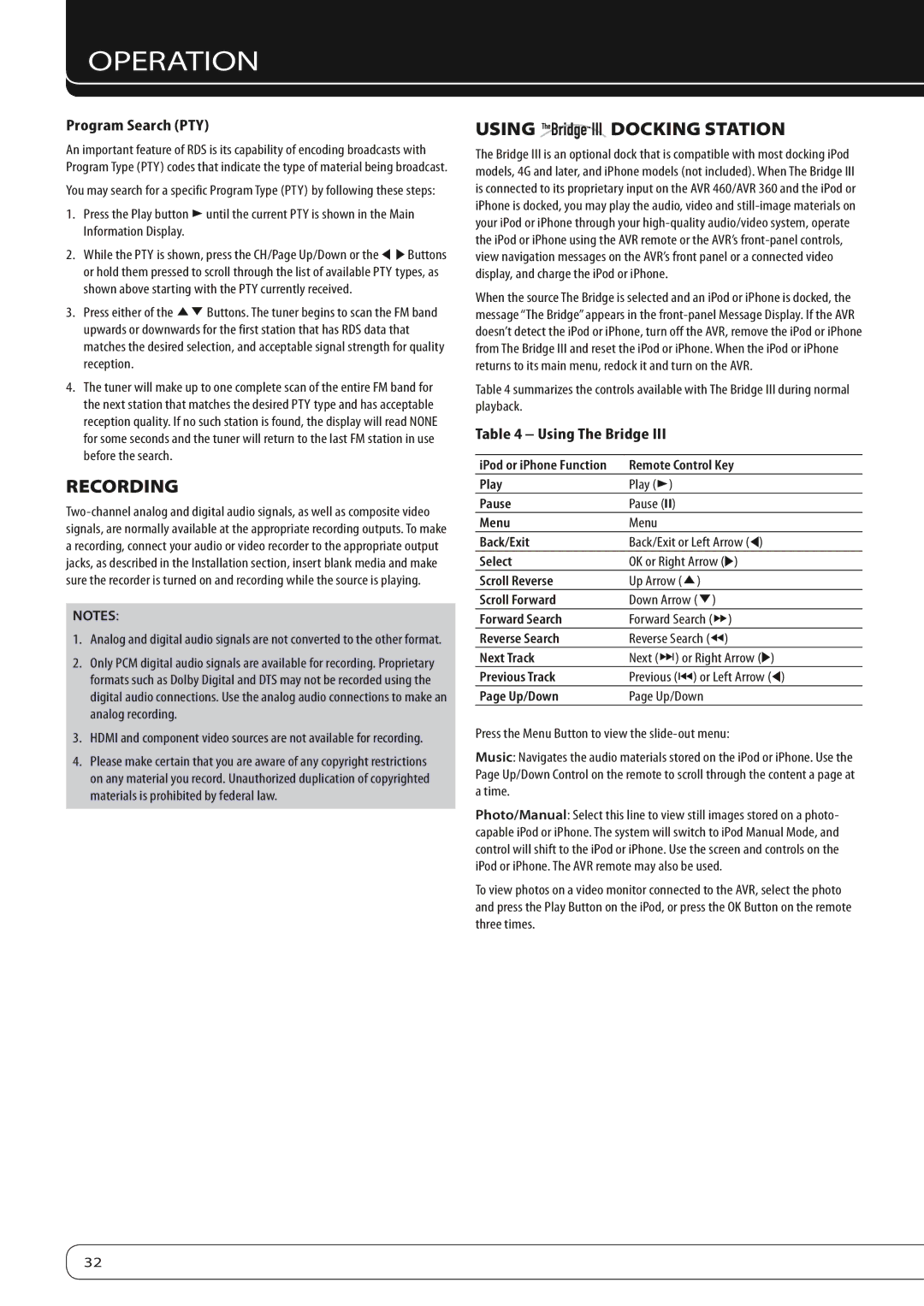 Harman-Kardon AVR360 owner manual Recording, Using Docking Station, Program Search PTY, Using The Bridge 