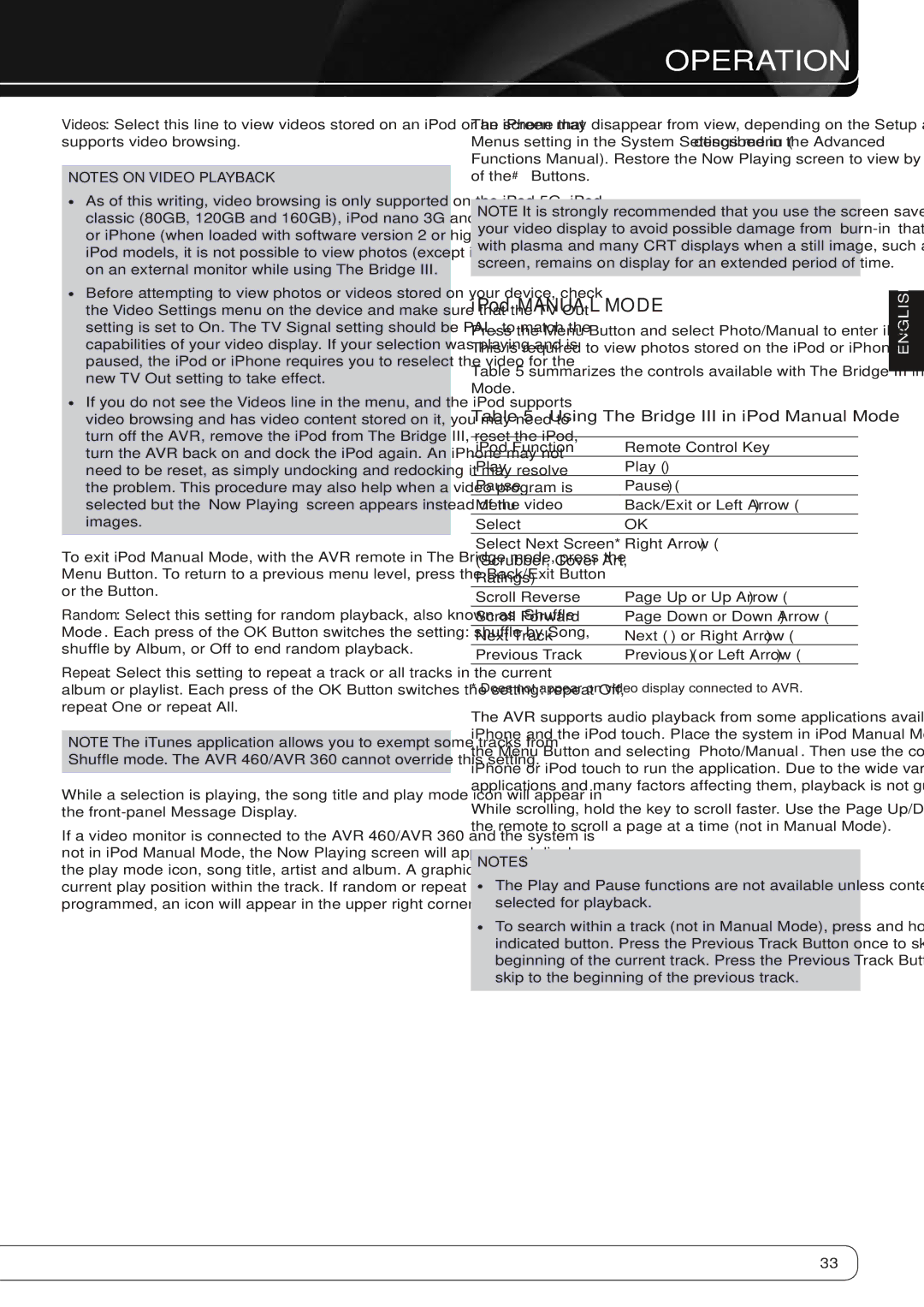 Harman-Kardon AVR360 IPod manual mode, Using The Bridge III in iPod Manual Mode, Right Arrow N, Up or Up Arrow K 