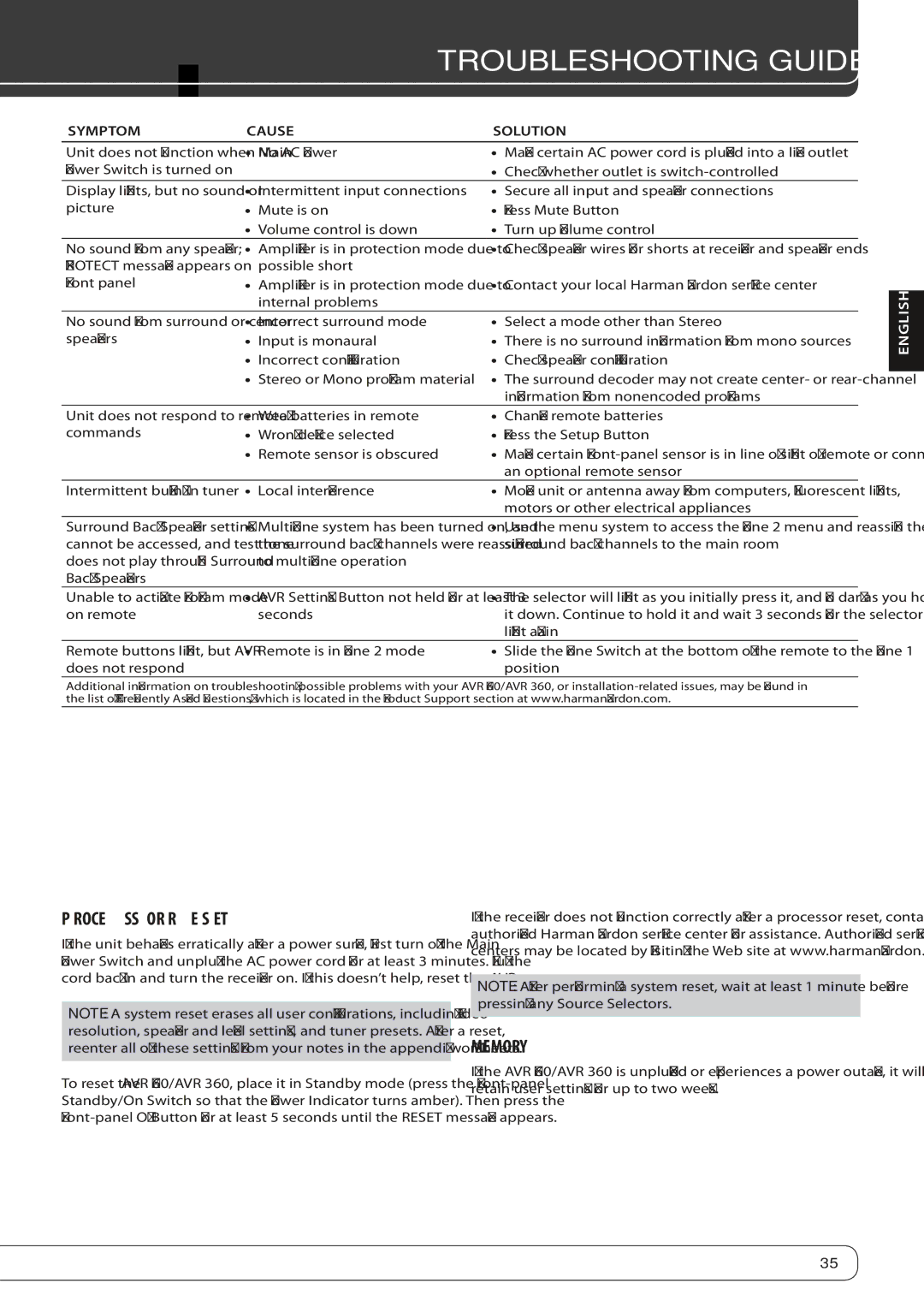 Harman-Kardon AVR360 owner manual Troubleshooting Guide, Processor Reset, Memory 