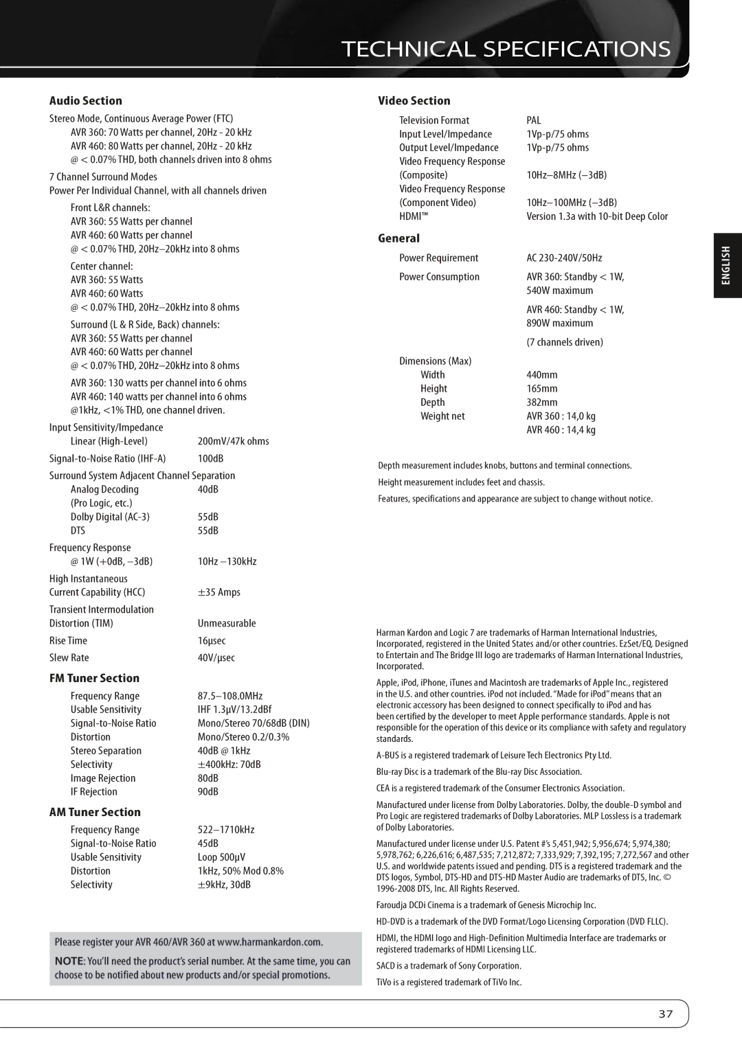 Harman-Kardon AVR360 owner manual Technical Specifications, Video Section, General, FM Tuner Section, AM Tuner Section 