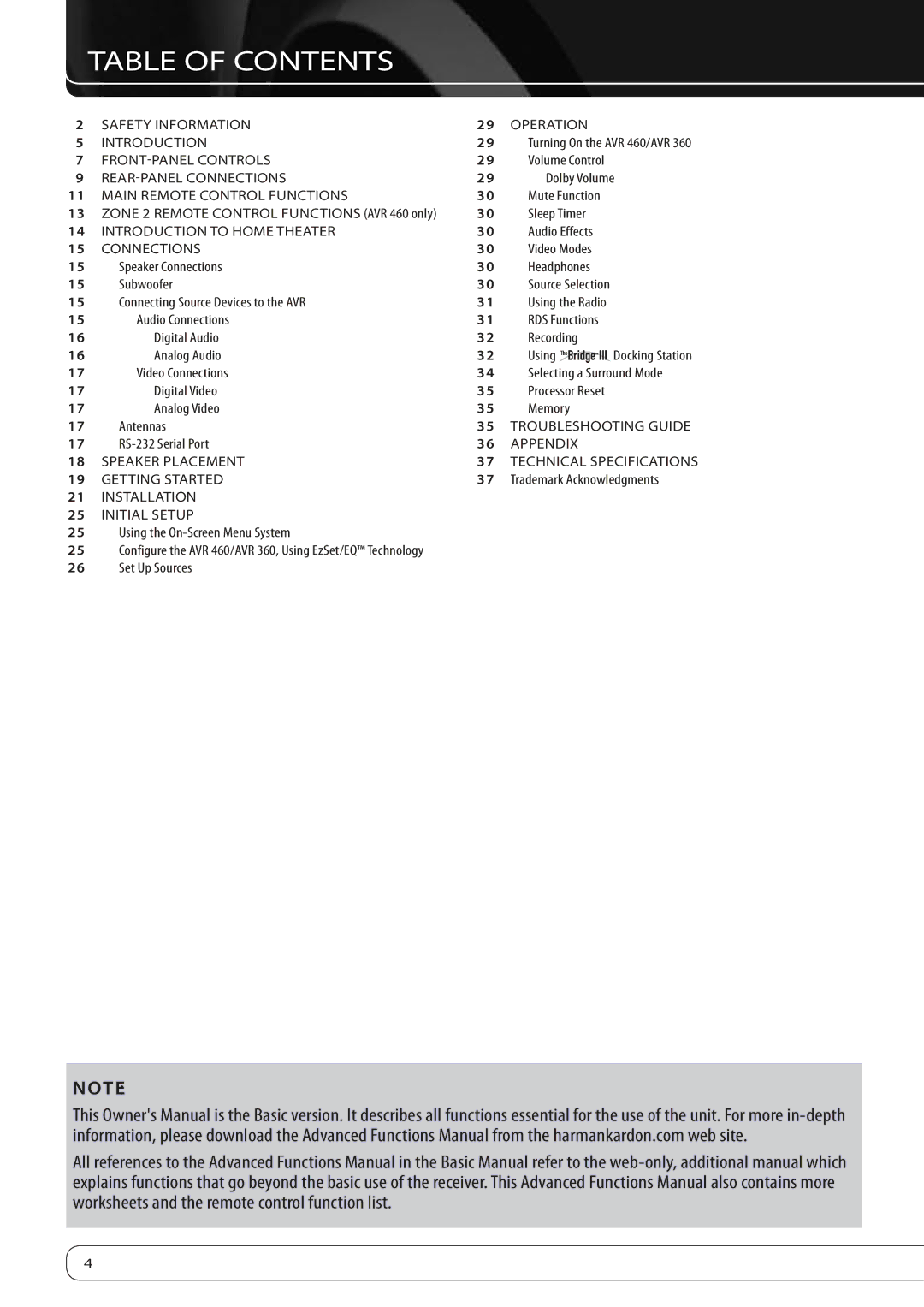 Harman-Kardon AVR360 owner manual Table of Contents 