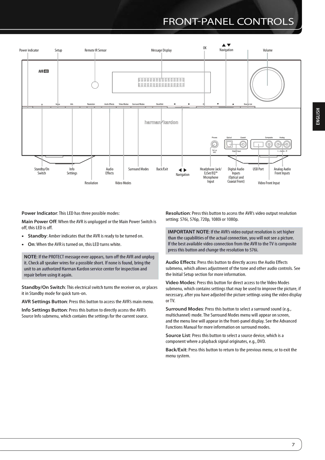 Harman-Kardon AVR360 owner manual FRONT-PANEL Controls, Setting 576i, 576p, 720p, 1080i or 1080p 