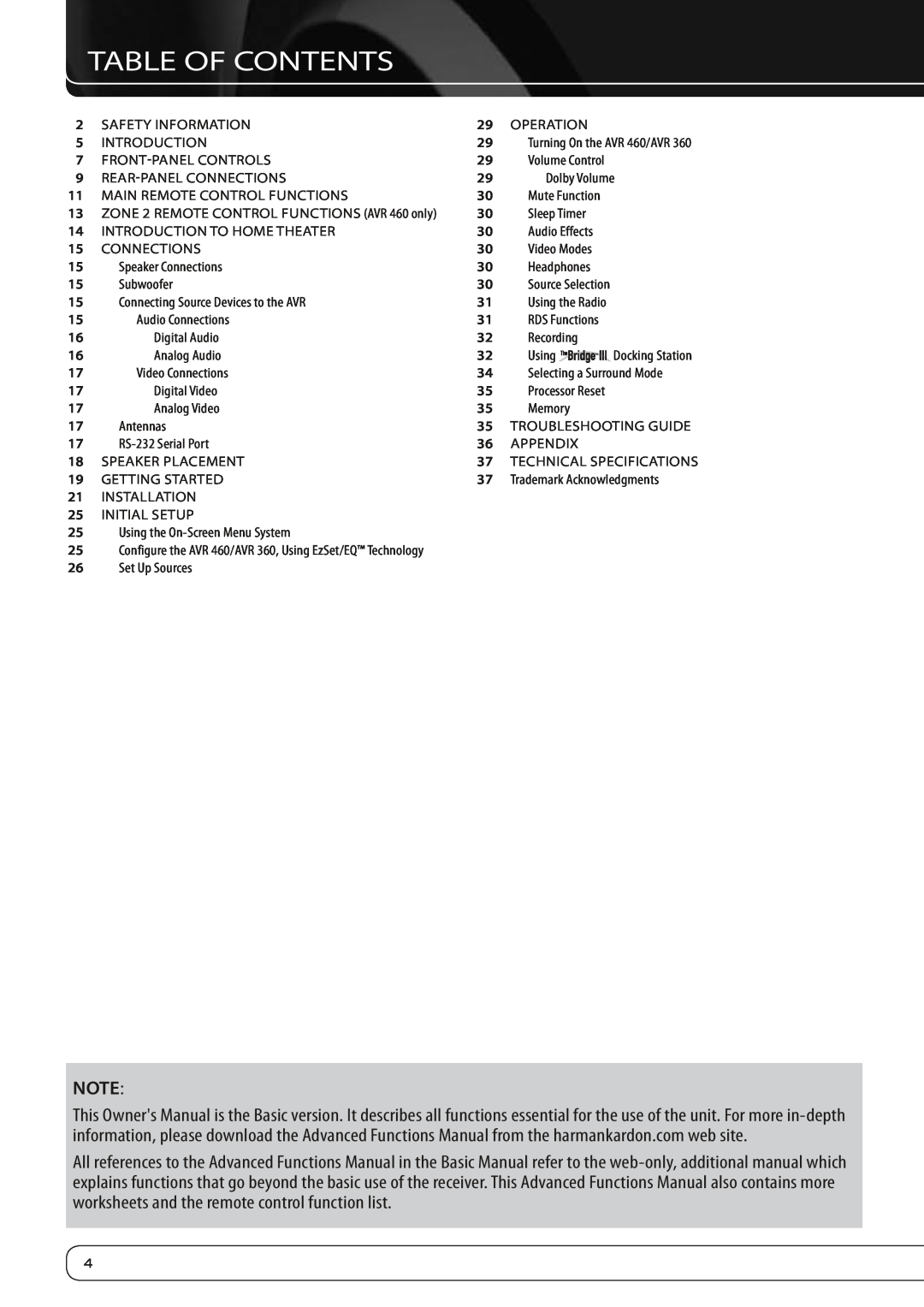 Harman-Kardon AVR360 owner manual Table Of Contents 