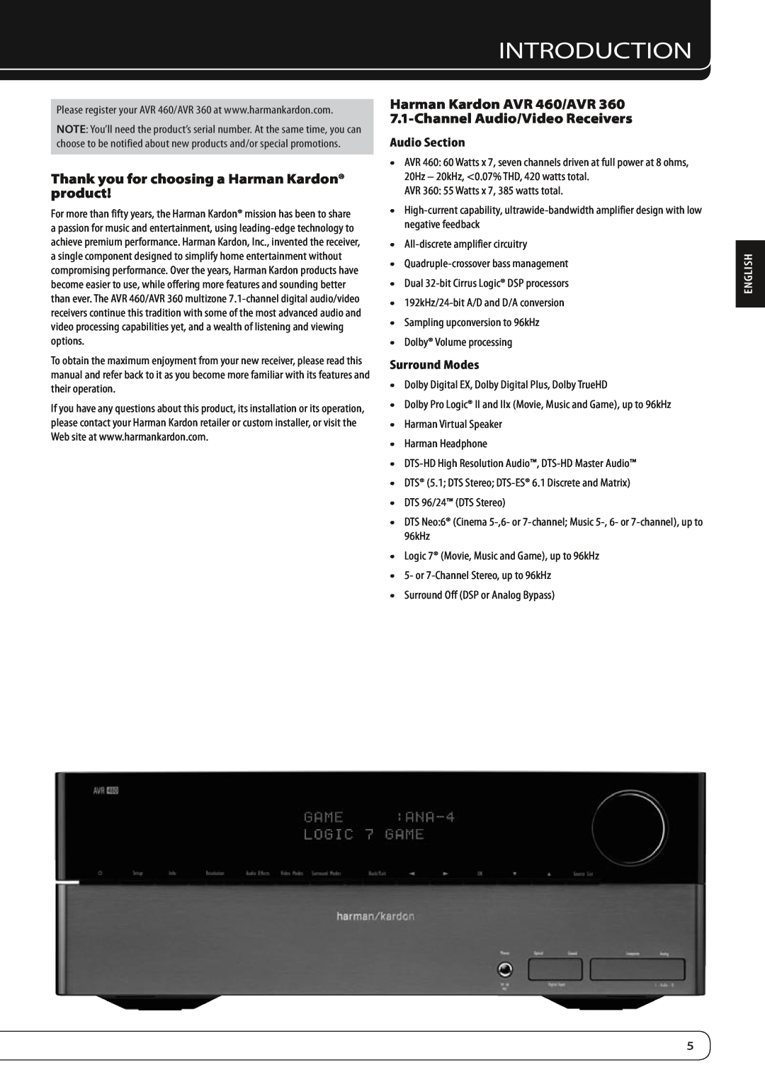 Harman-Kardon AVR360 owner manual Introduction, Thank you for choosing a Harman Kardon product, English 