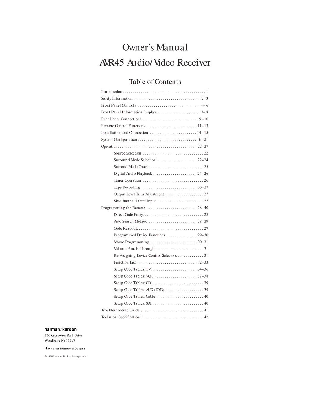 Harman-Kardon owner manual AVR45 Audio/Video Receiver, Table of Contents 