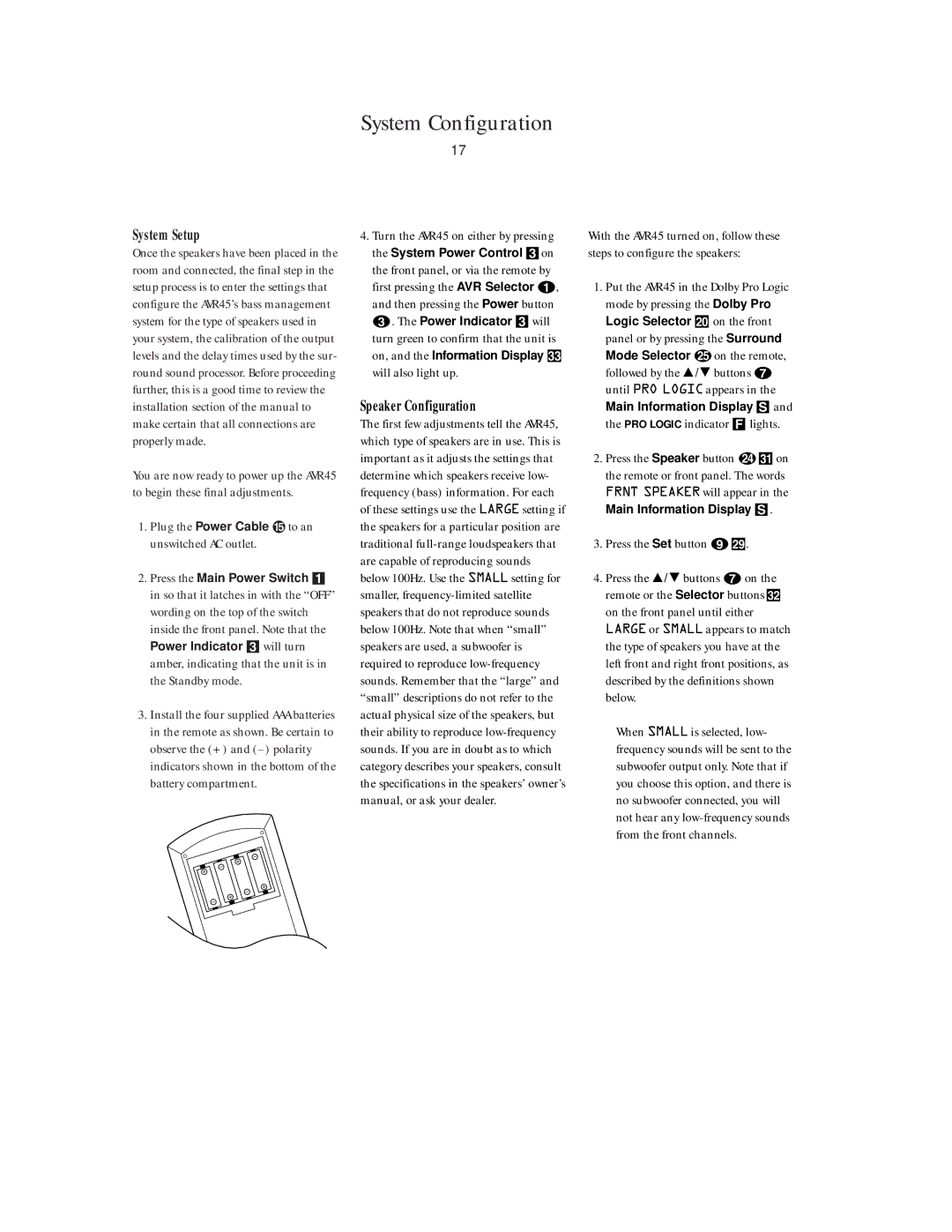 Harman-Kardon AVR45 owner manual System Setup, Plug the Power Cable Þto an unswitched AC outlet, Speaker Configuration 