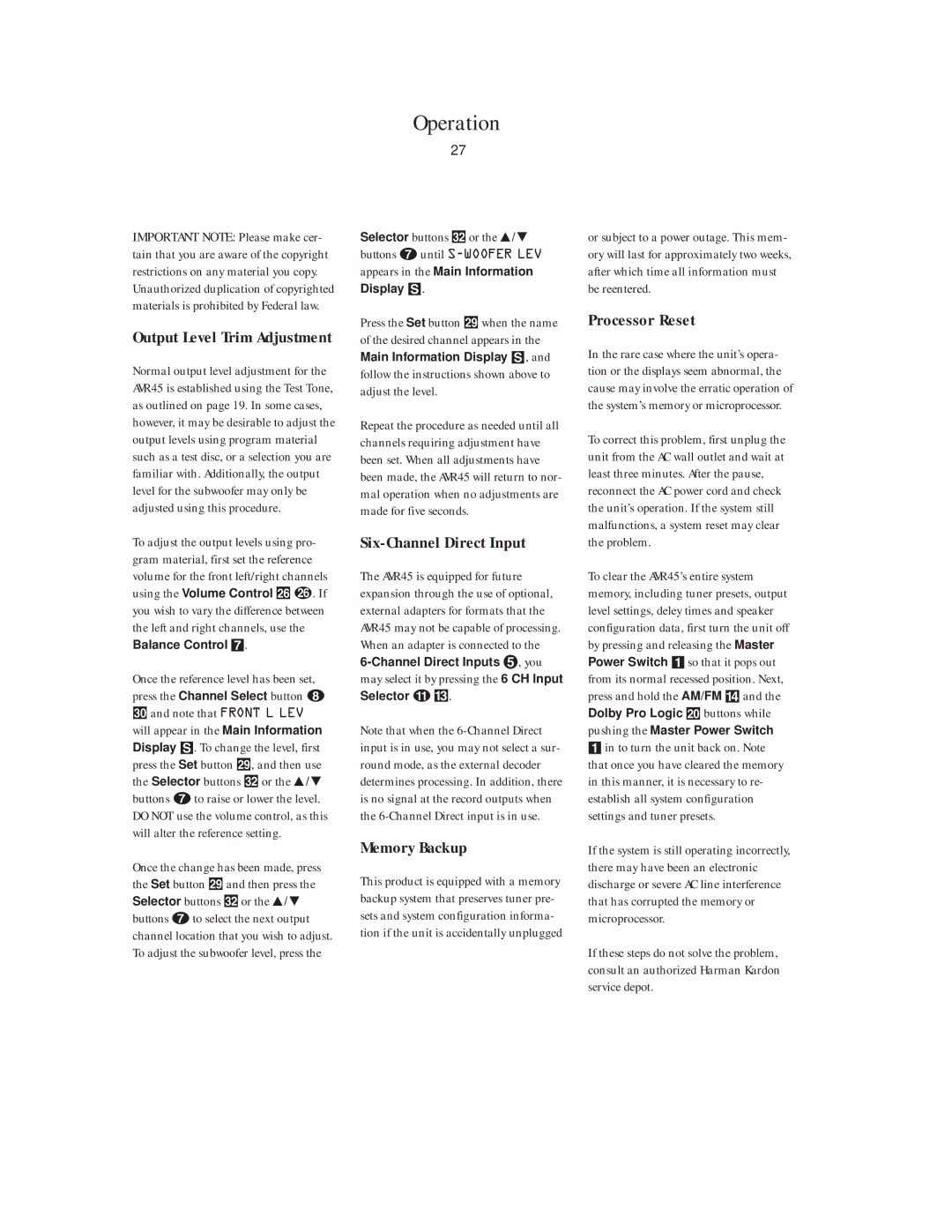 Harman-Kardon AVR45 owner manual Six-Channel Direct Input, Memory Backup, Processor Reset 
