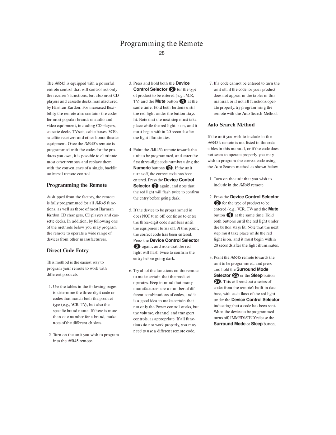 Harman-Kardon AVR45 owner manual Programming the Remote, Direct Code Entry, Auto Search Method 