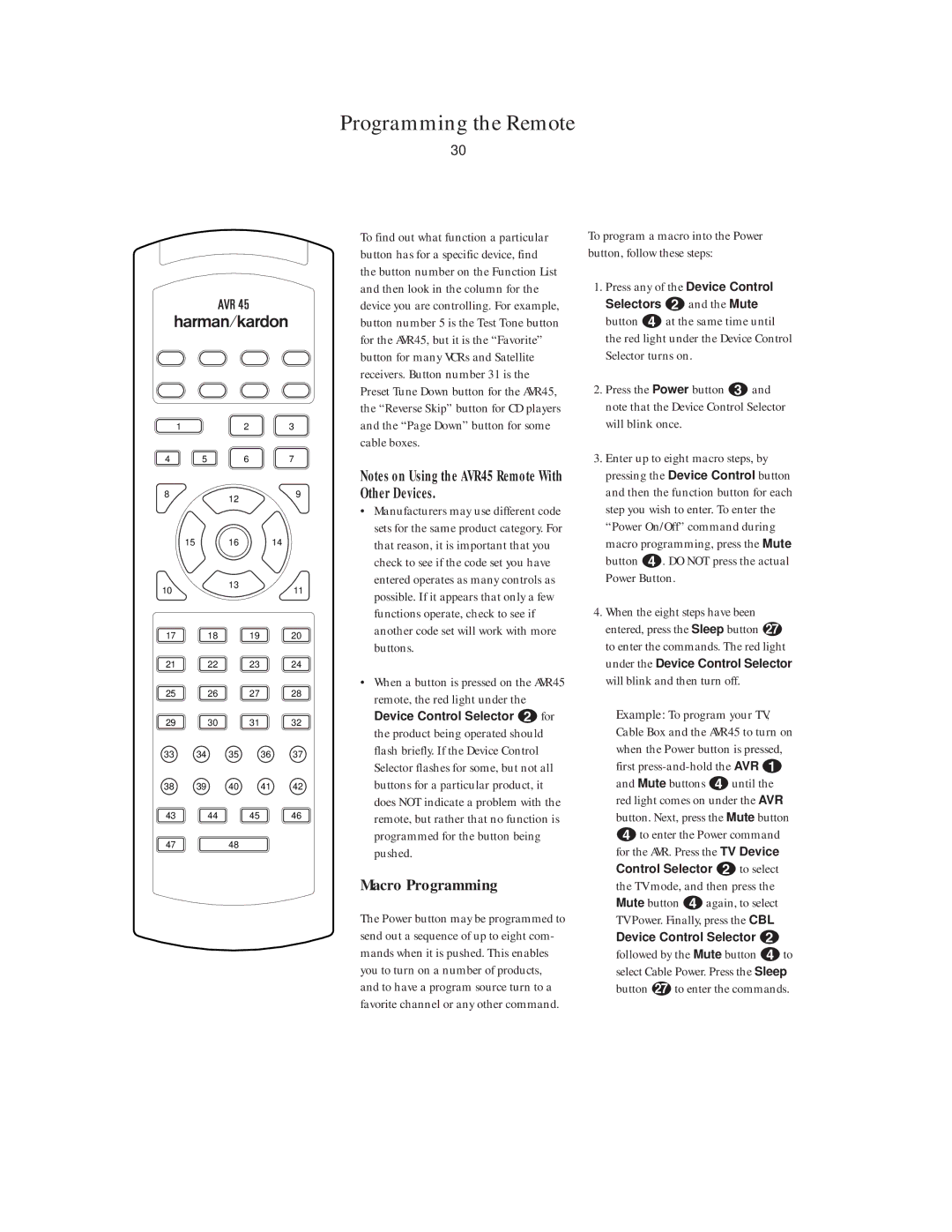 Harman-Kardon AVR45 owner manual Programming the Remote, Macro Programming 