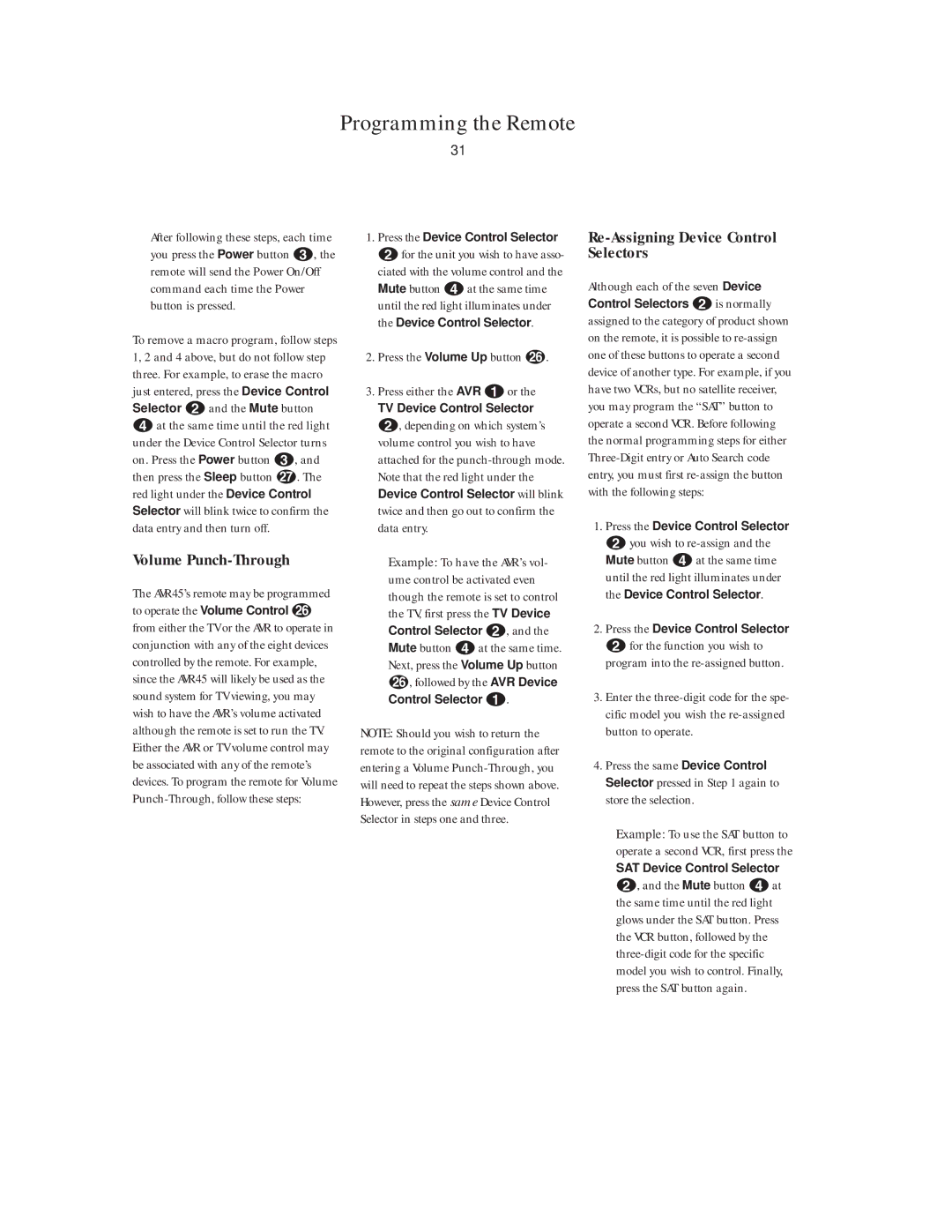 Harman-Kardon AVR45 owner manual Volume Punch-Through, Re-Assigning Device Control Selectors 