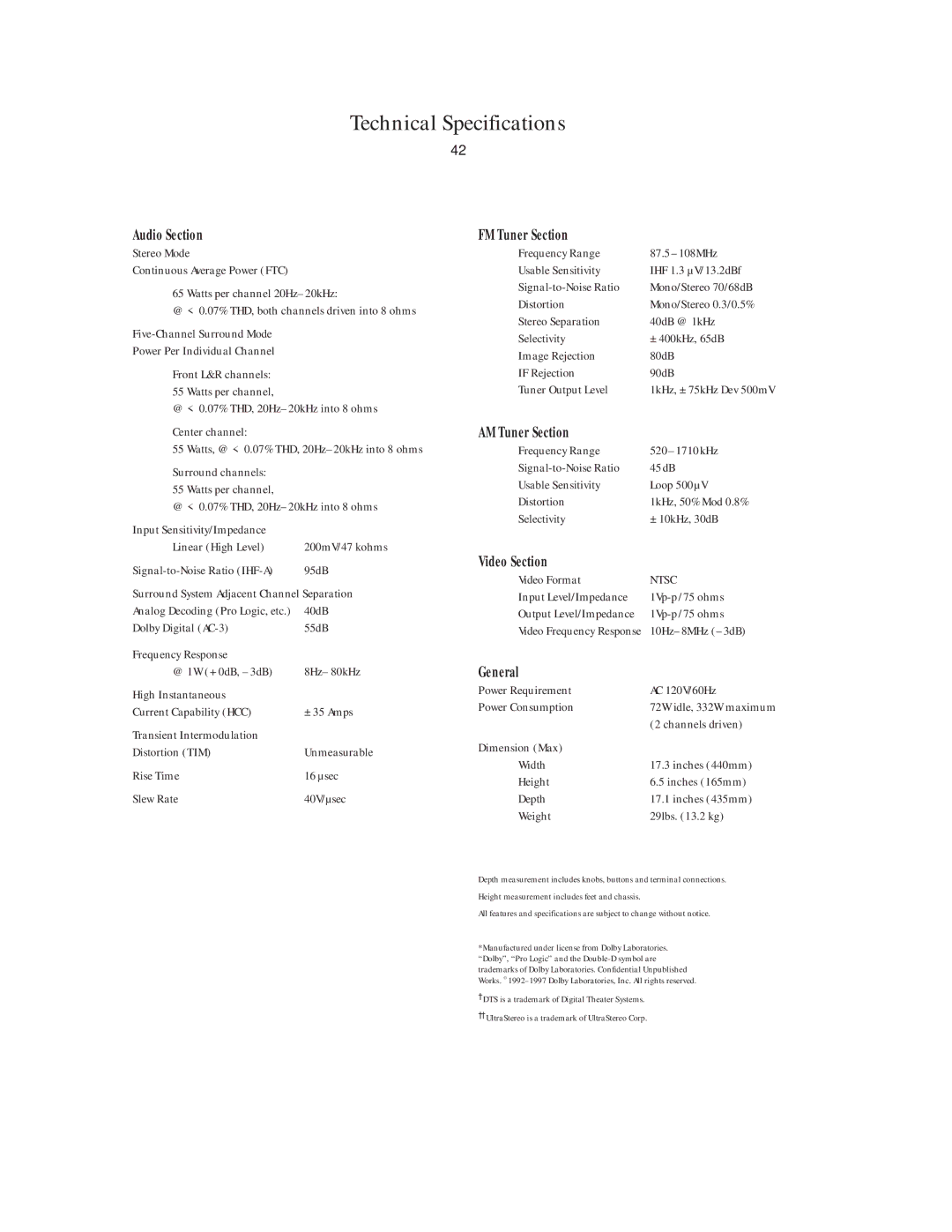 Harman-Kardon AVR45 owner manual Technical Specifications 