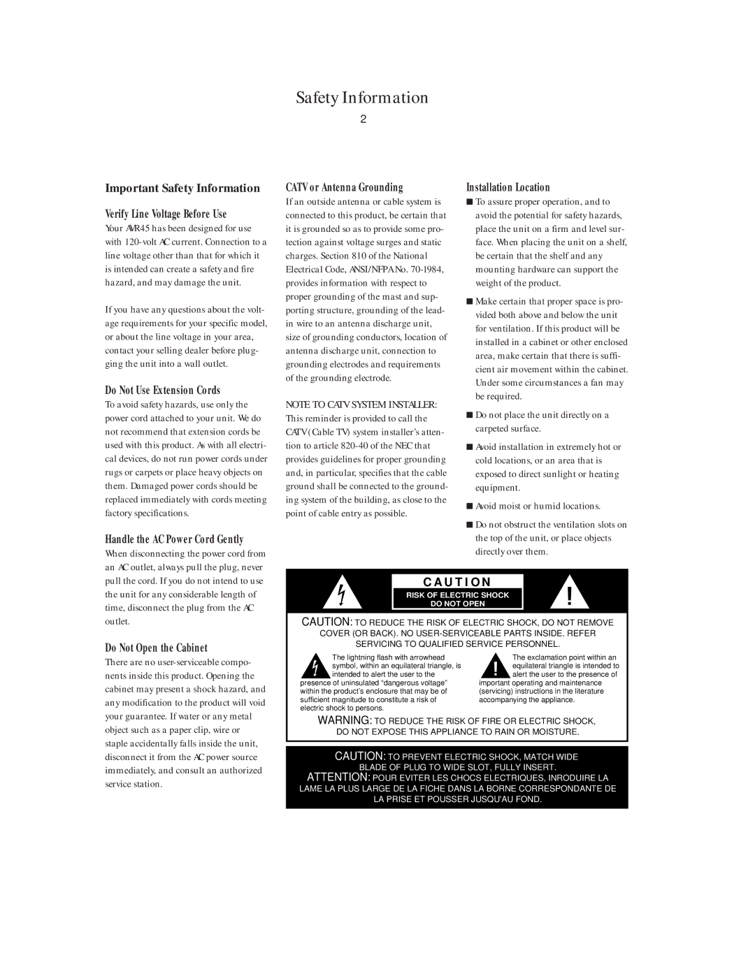 Harman-Kardon AVR45 owner manual Important Safety Information 