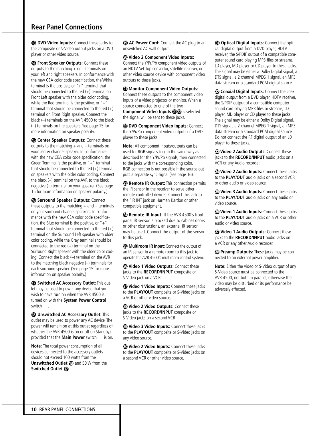 Harman-Kardon AVR4500 owner manual Rear Panel Connections 