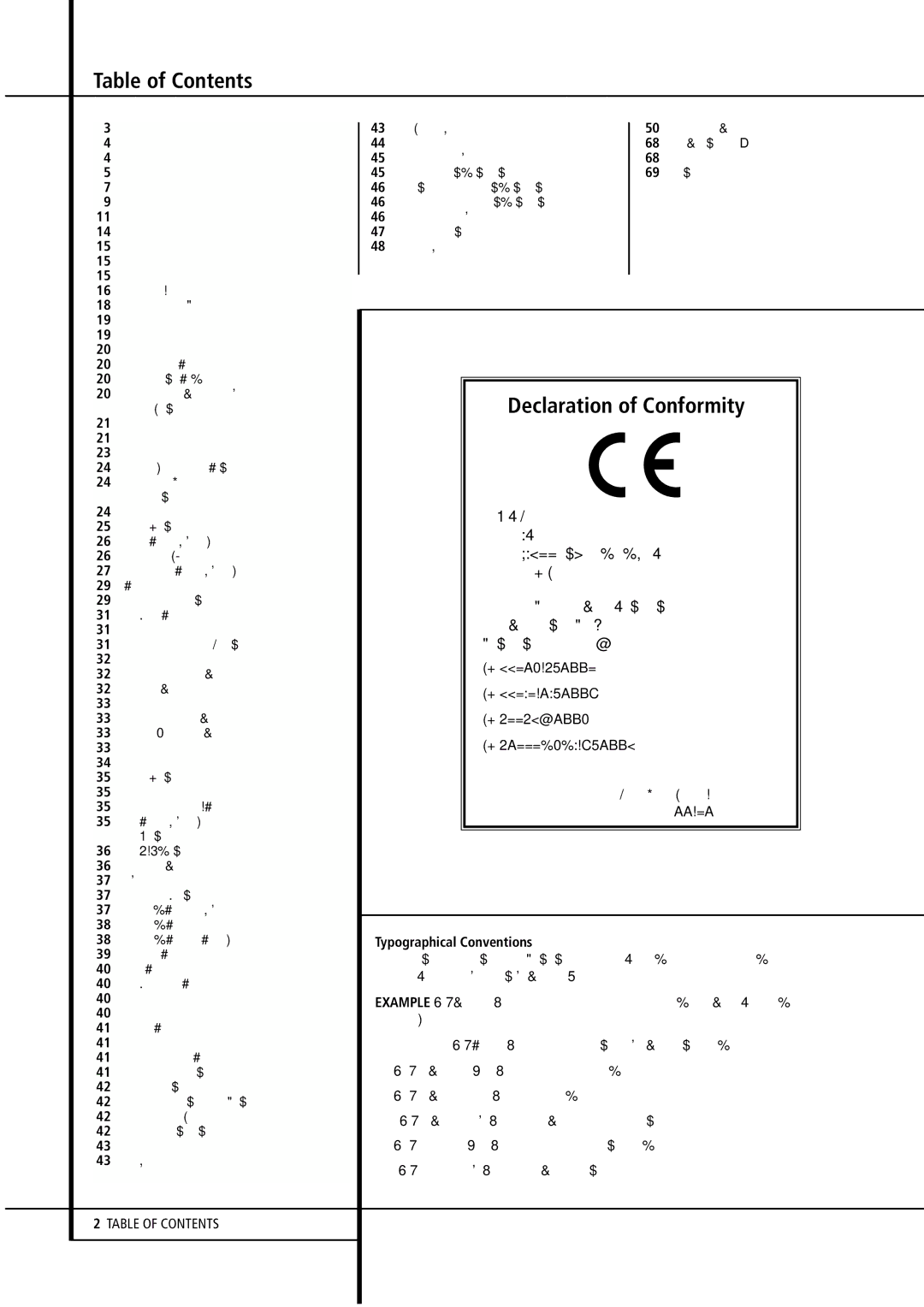 Harman-Kardon AVR4500 owner manual Table of Contents, Declaration of Conformity 