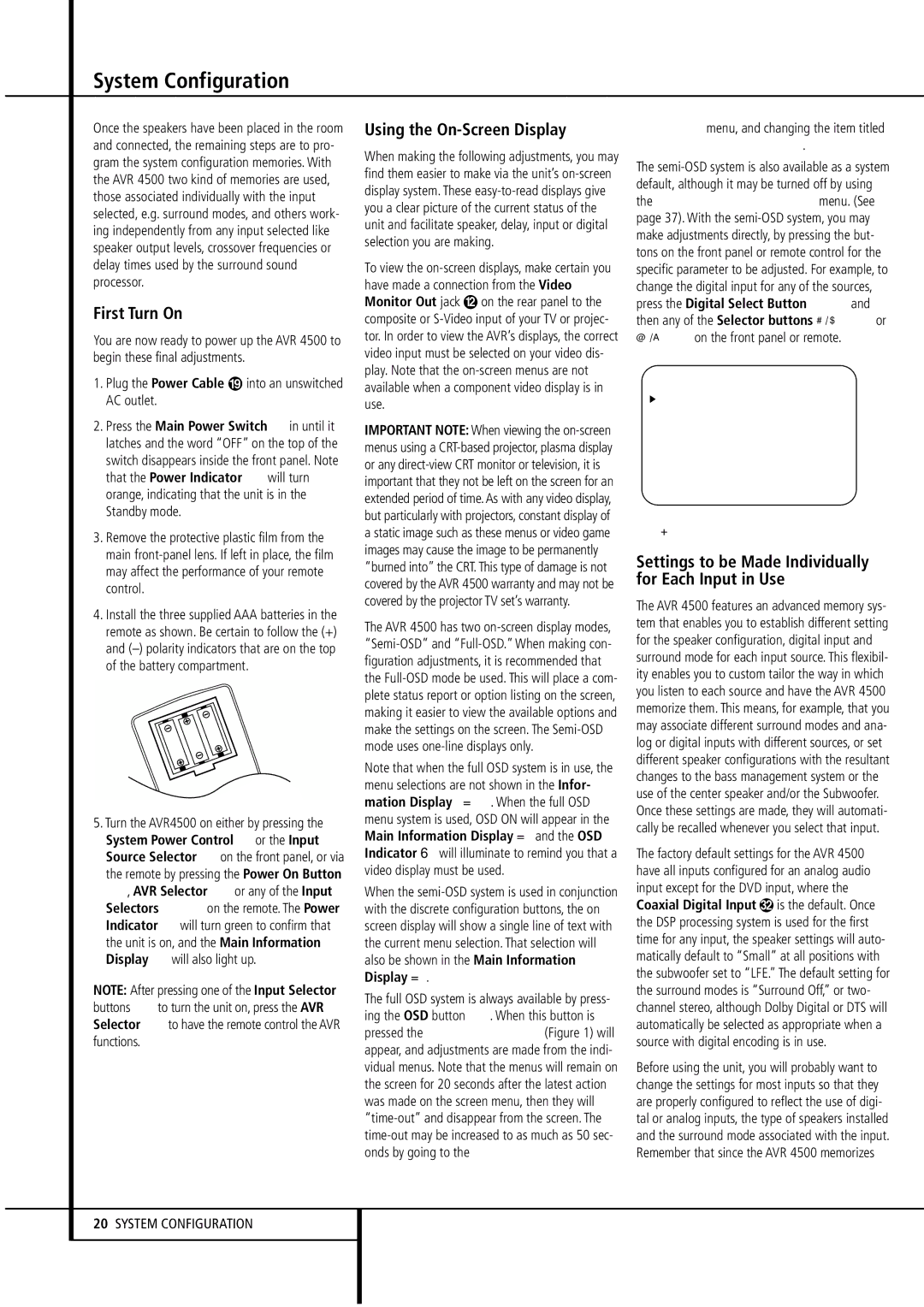 Harman-Kardon AVR4500 owner manual System Configuration, First Turn On, Using the On-Screen Display, Full OSD Time OUT 