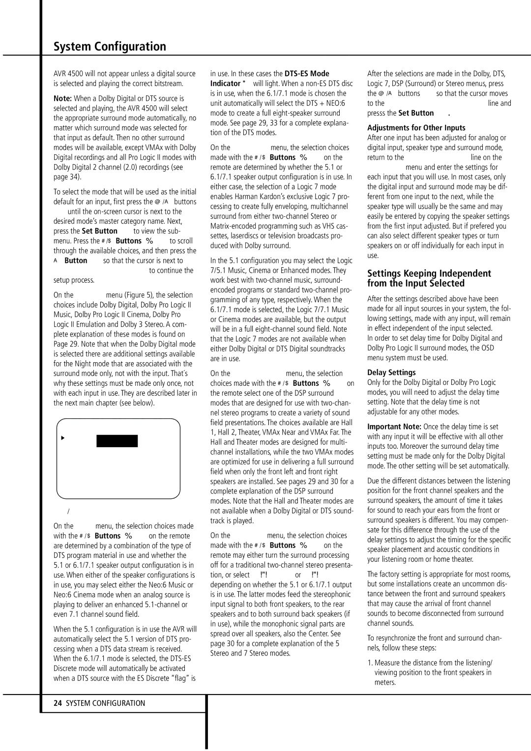 Harman-Kardon AVR4500 owner manual ¤ Button Dso that the cursor is next to, Adjustments for Other Inputs, Delay Settings 