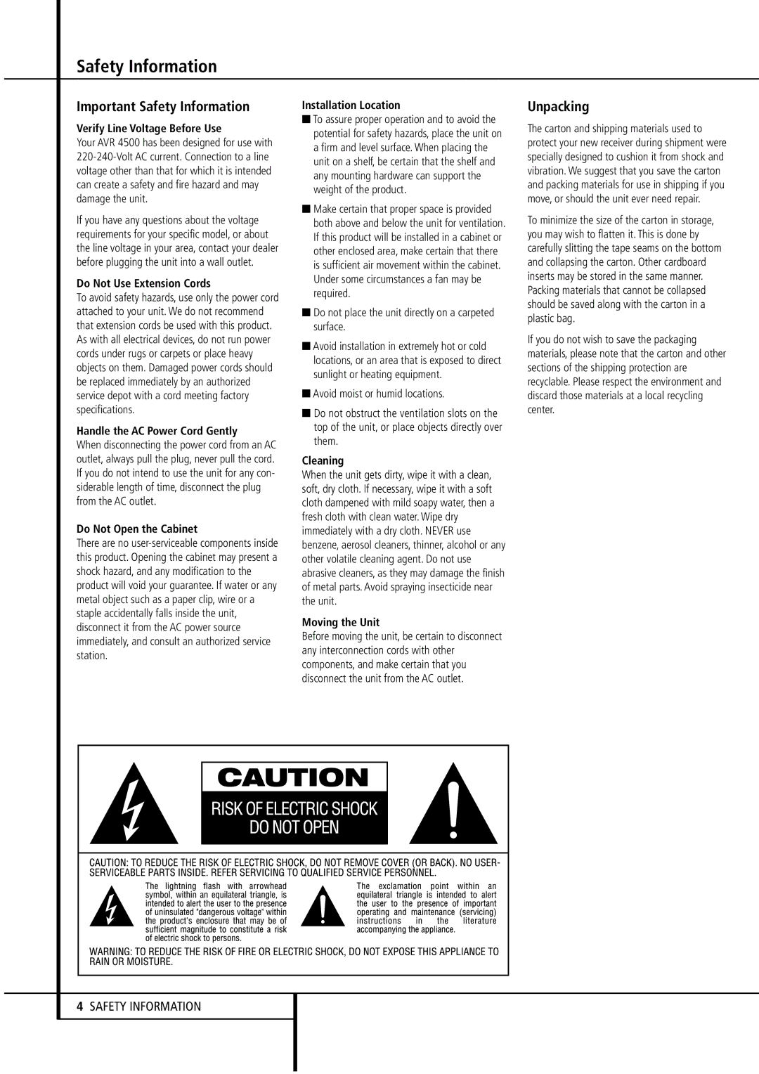 Harman-Kardon AVR4500 owner manual Important Safety Information, Unpacking 