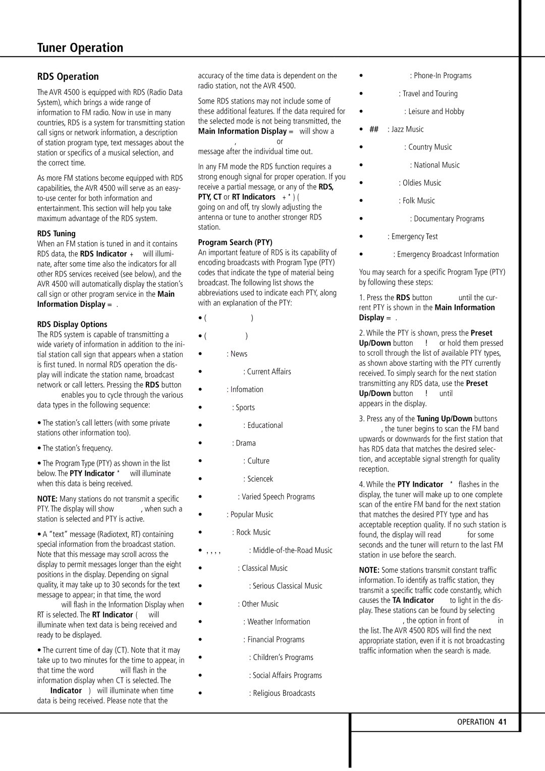 Harman-Kardon AVR4500 owner manual RDS Operation 