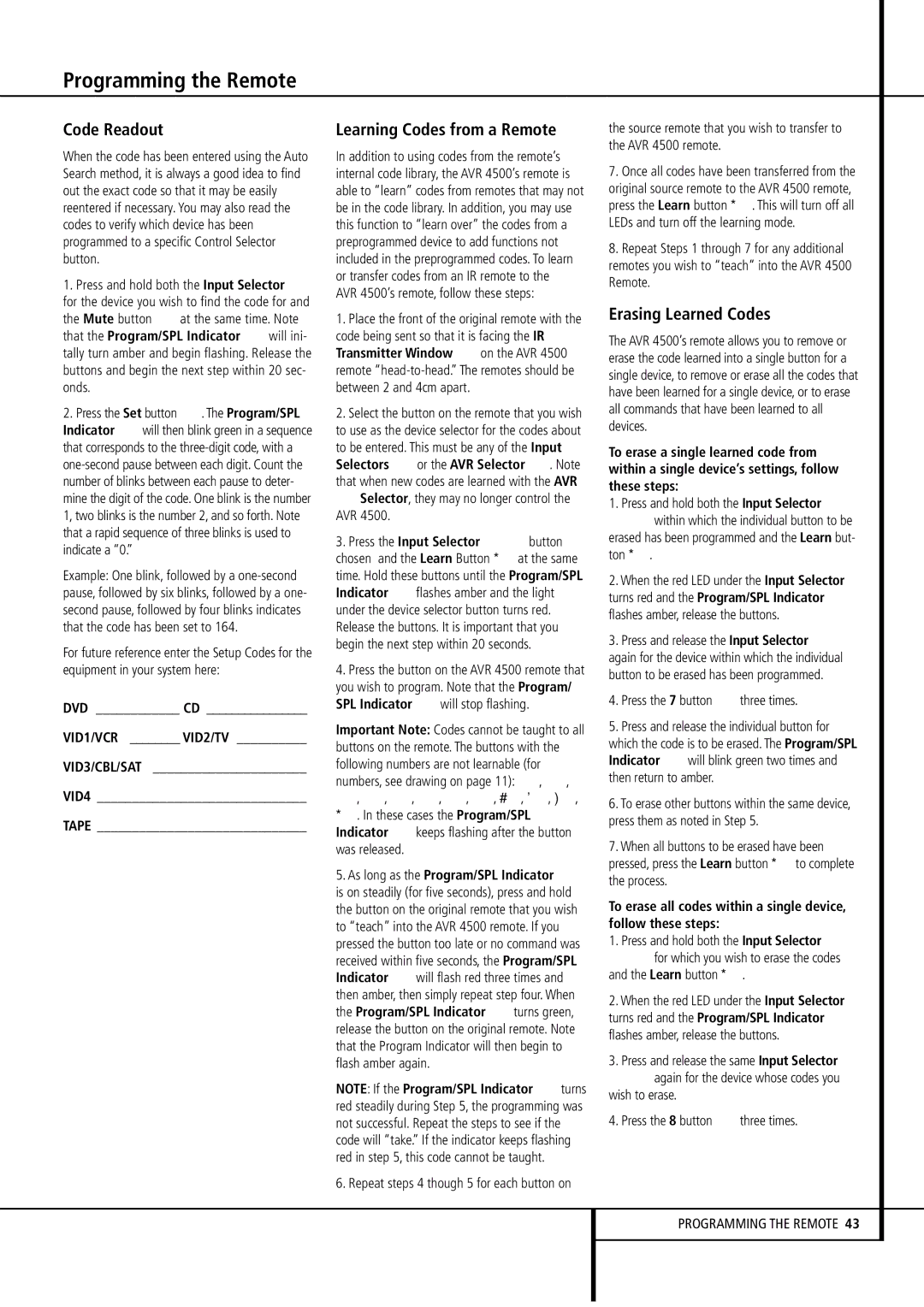 Harman-Kardon AVR4500 owner manual Code Readout, Learning Codes from a Remote, Erasing Learned Codes, VID1/VCR VID2/TV 