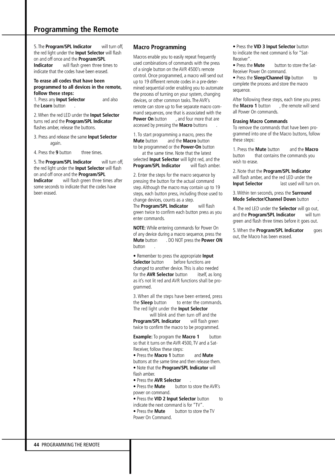 Harman-Kardon AVR4500 owner manual Macro Programming, Press the AVR Selector, Erasing Macro Commands 