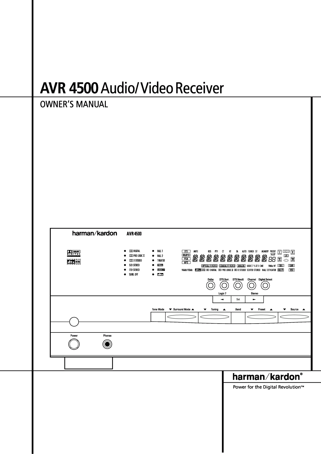 Harman-Kardon AVR4500 owner manual AVR 4500 Audio/Video Receiver, Owner’S Manual 