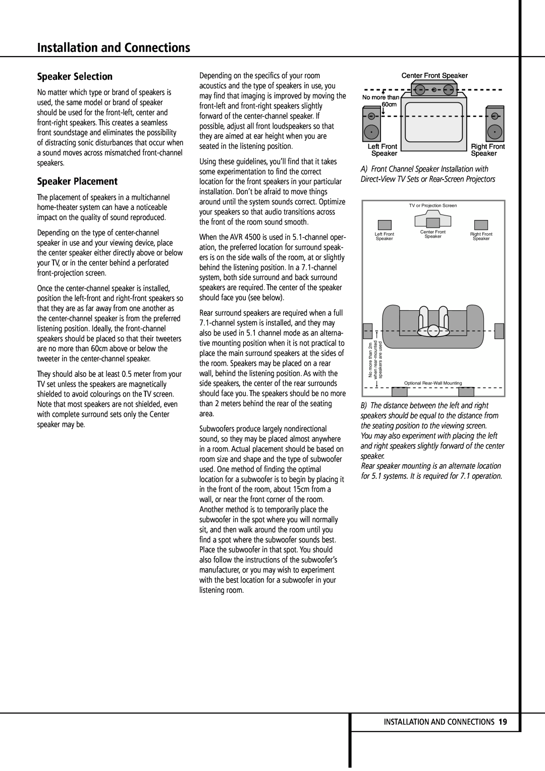 Harman-Kardon AVR4500 owner manual Speaker Selection, Speaker Placement, Installation and Connections 