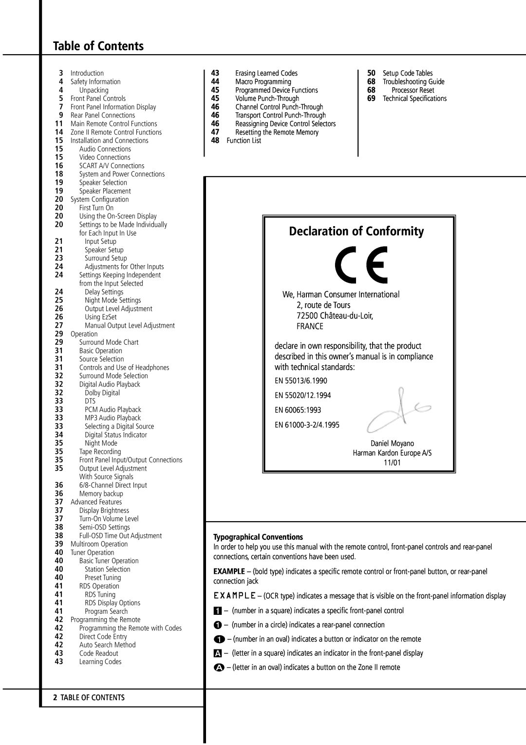Harman-Kardon AVR4500 owner manual Table of Contents, Declaration of Conformity, We, Harman Consumer International 