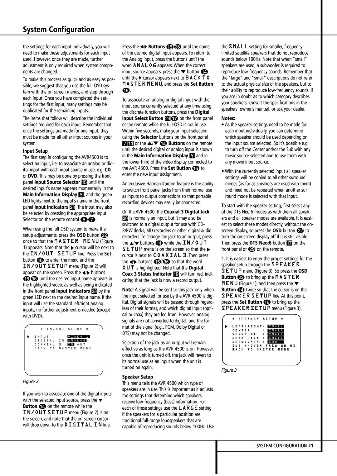 Harman-Kardon AVR4500 owner manual System Configuration, Input Setup, Speaker Setup, Notes, Figure 