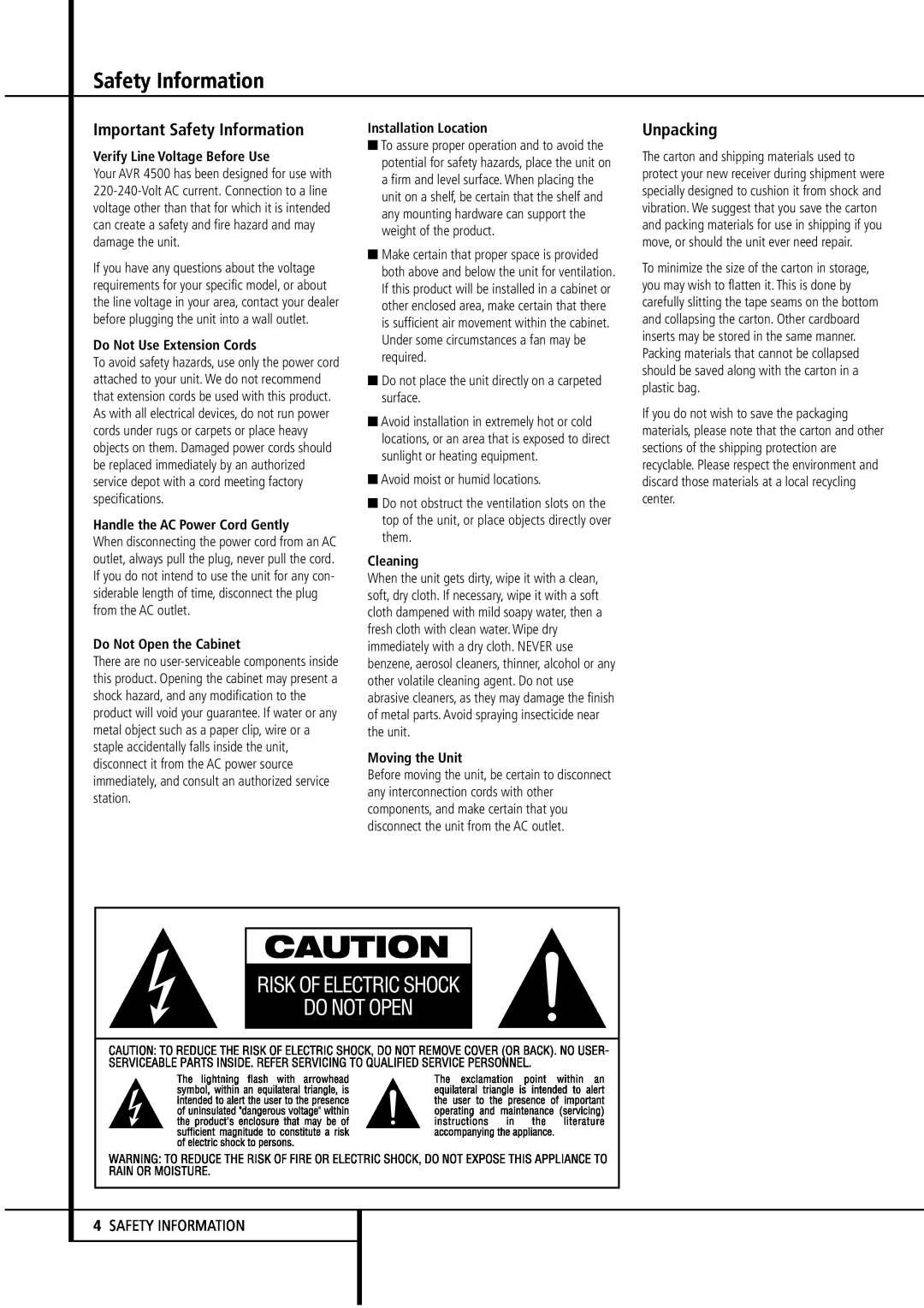 Harman-Kardon AVR4500 Important Safety Information, Unpacking, 4SAFETY INFORMATION, Verify Line Voltage Before Use 