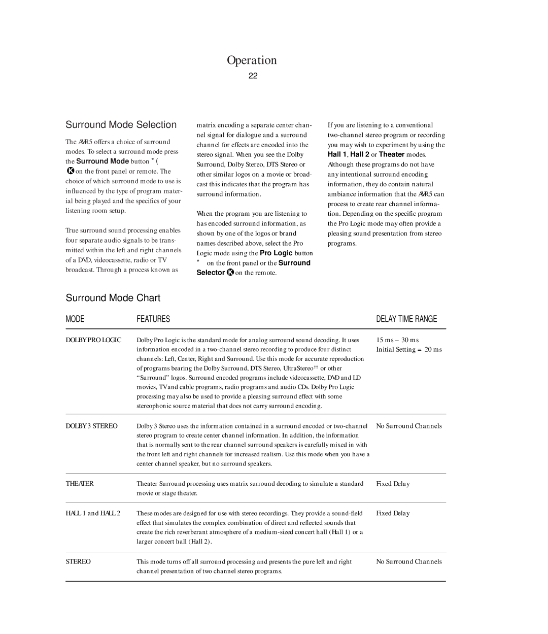 Harman-Kardon AVR5 owner manual Surround Mode Selection, Surround Mode Chart 