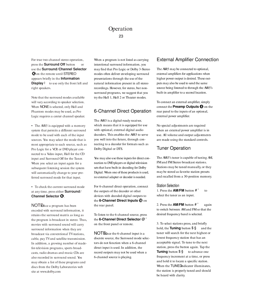 Harman-Kardon AVR5 owner manual Channel Direct Operation, External Amplifier Connection, Tuner Operation, Station Selection 