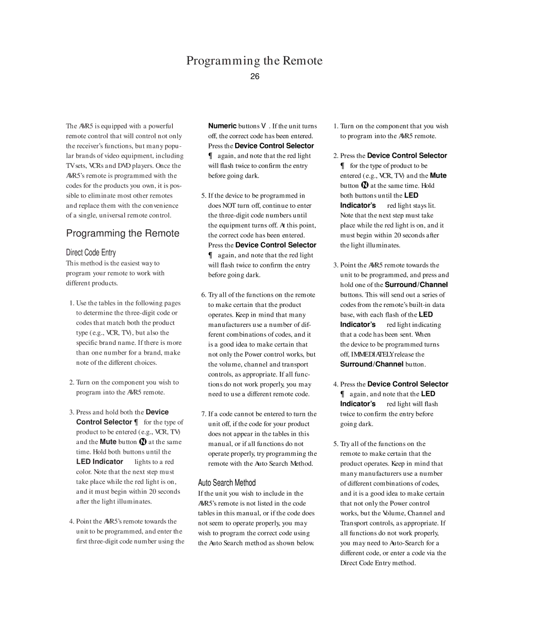 Harman-Kardon AVR5 Programming the Remote, Direct Code Entry, Press and hold both the Device, Auto Search Method 