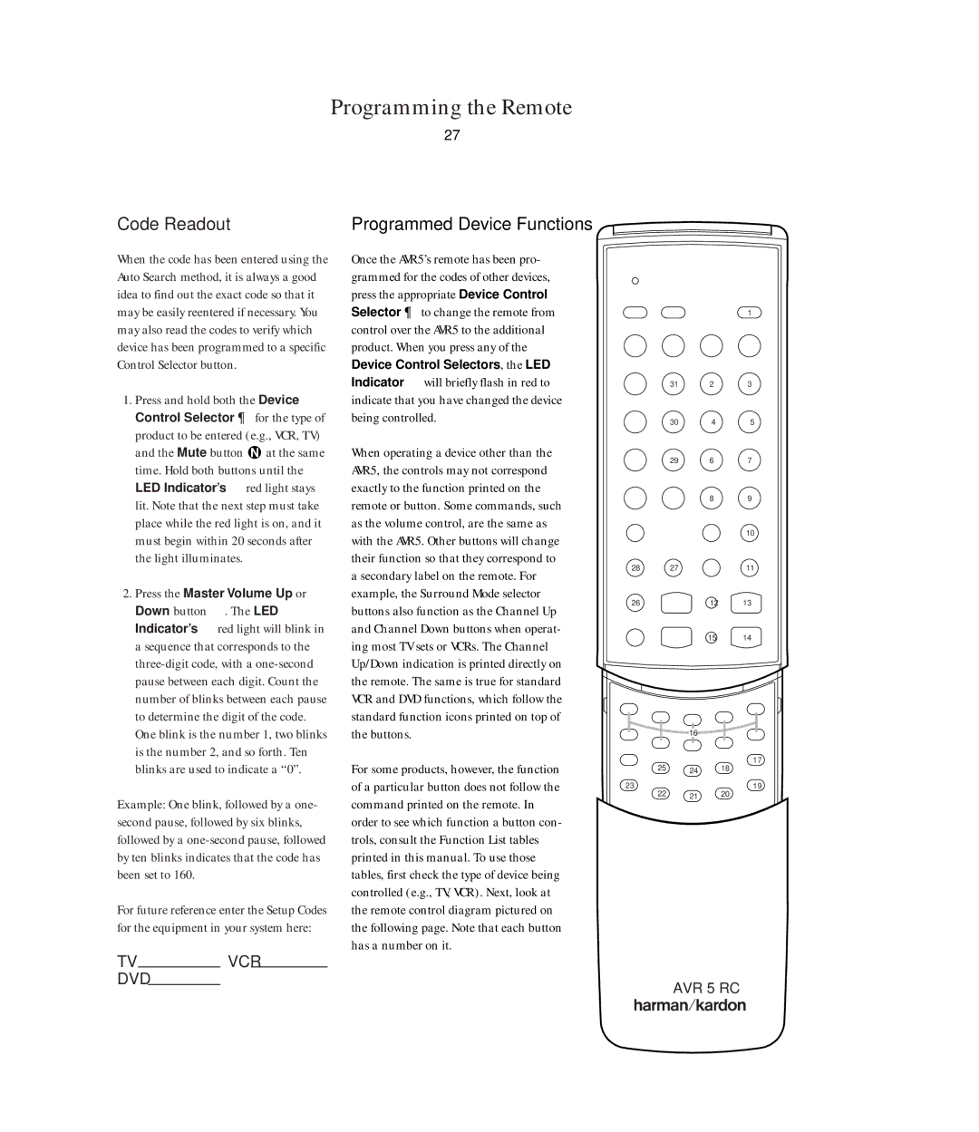 Harman-Kardon AVR5 owner manual Code Readout, Programmed Device Functions 