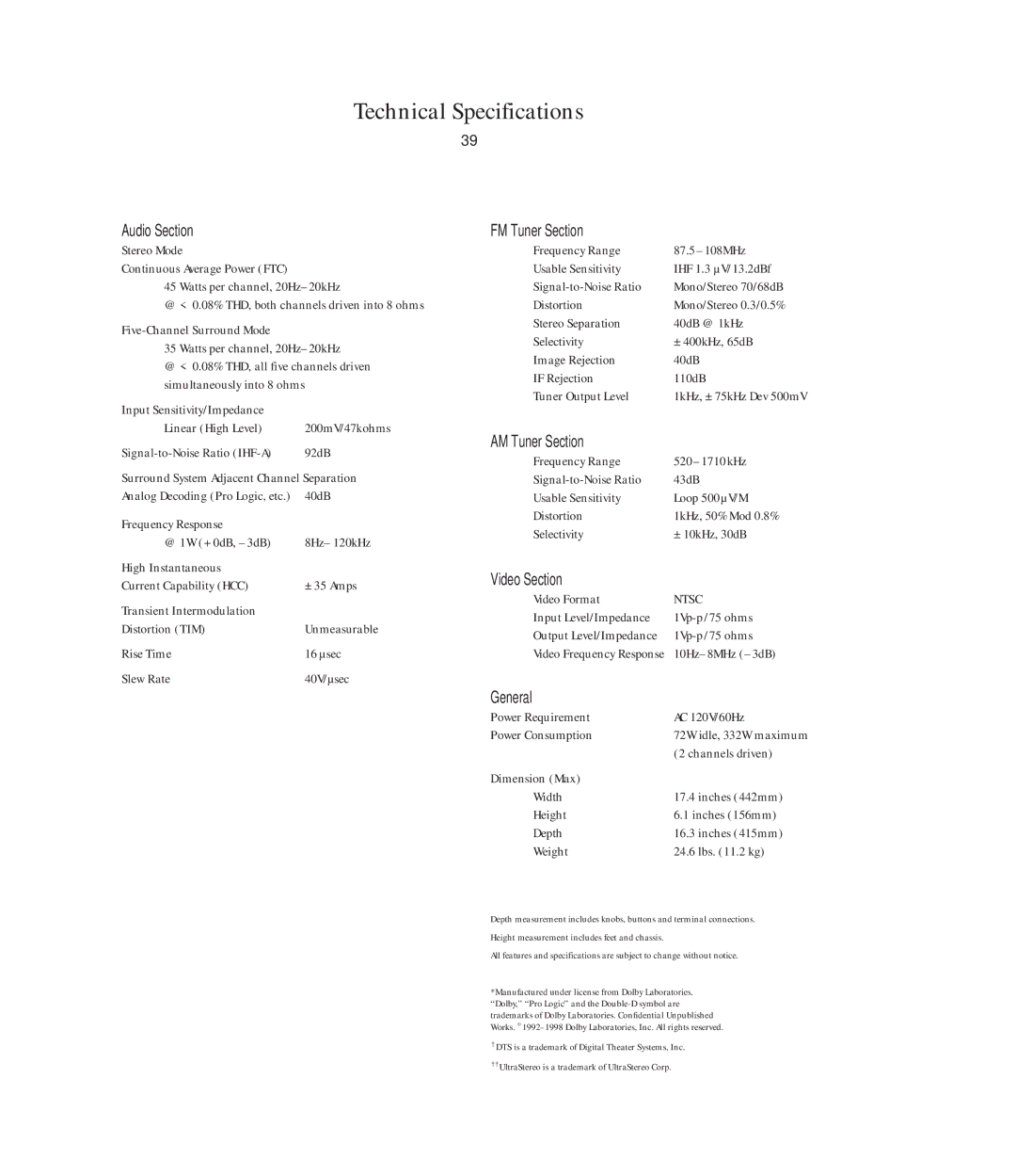 Harman-Kardon AVR5 owner manual Technical Specifications 