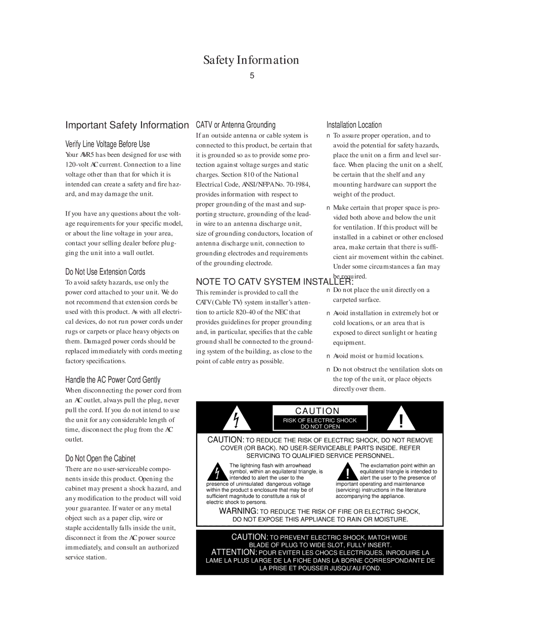 Harman-Kardon AVR5 owner manual Important Safety Information 