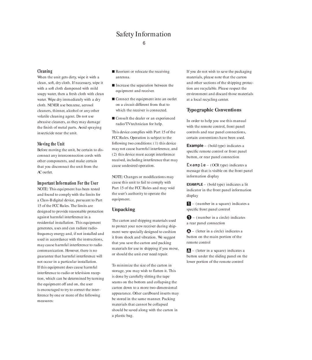 Harman-Kardon AVR5 owner manual Unpacking, Typographic Conventions, Cleaning, Moving the Unit 